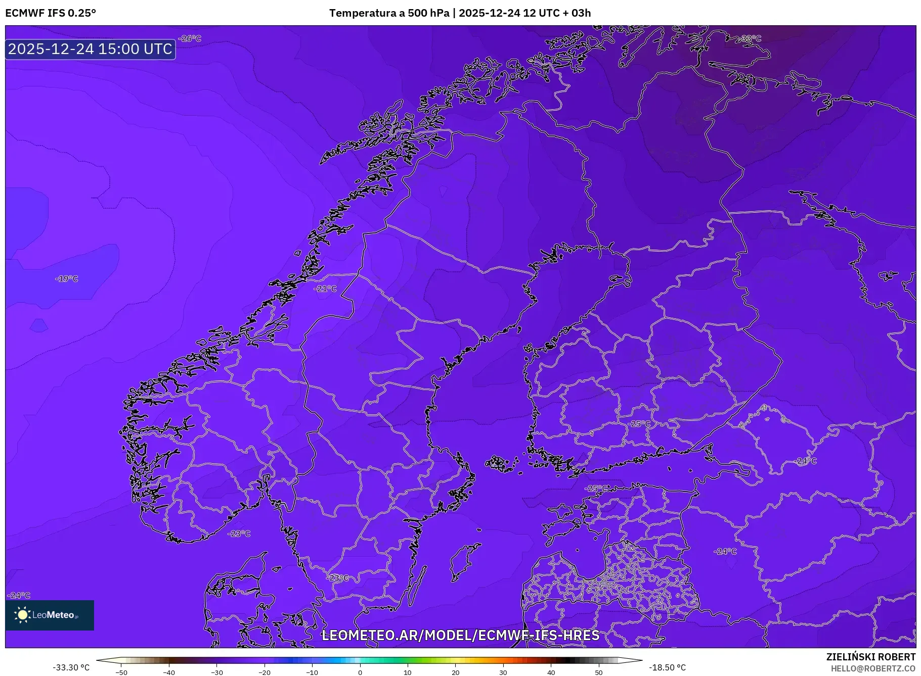 ECMWF IFS 0.25° model - Skandynawia, Temperatura na 500 hPa
