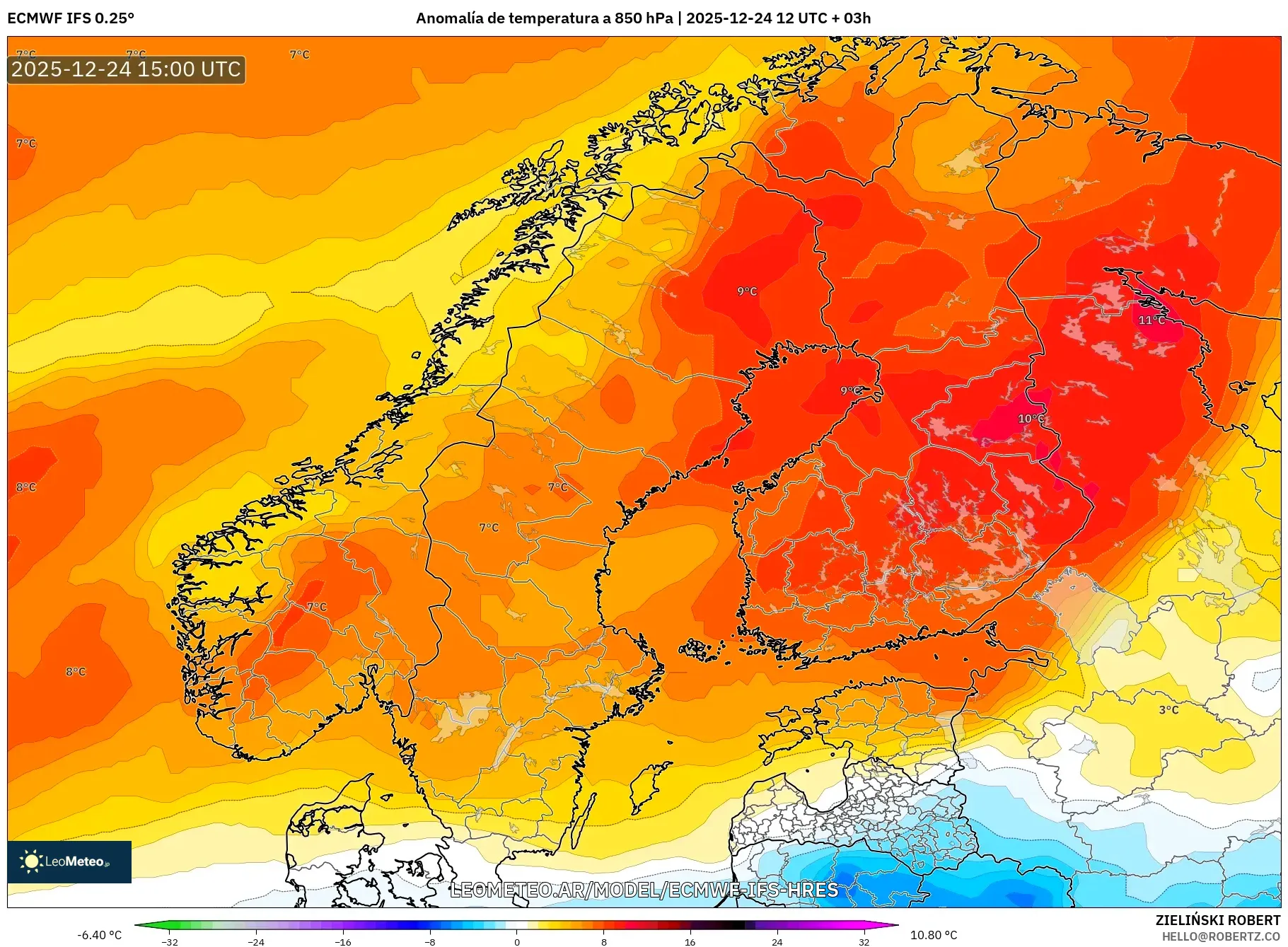 ECMWF IFS 0.25° model - Skandynawia, Anomalia temperatury na 850 hPa