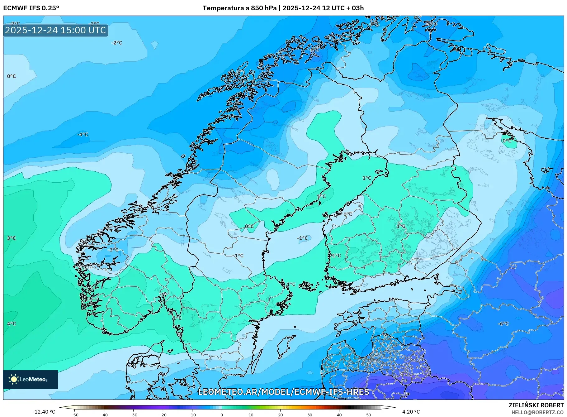 ECMWF IFS 0.25° model - Skandynawia, Temperatura na 850 hPa