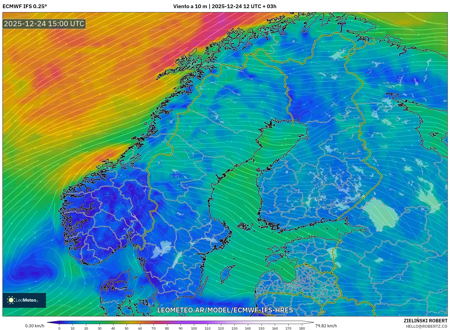 ECMWF IFS 0.25° model - Skandynawia, Wiatr na 10 m