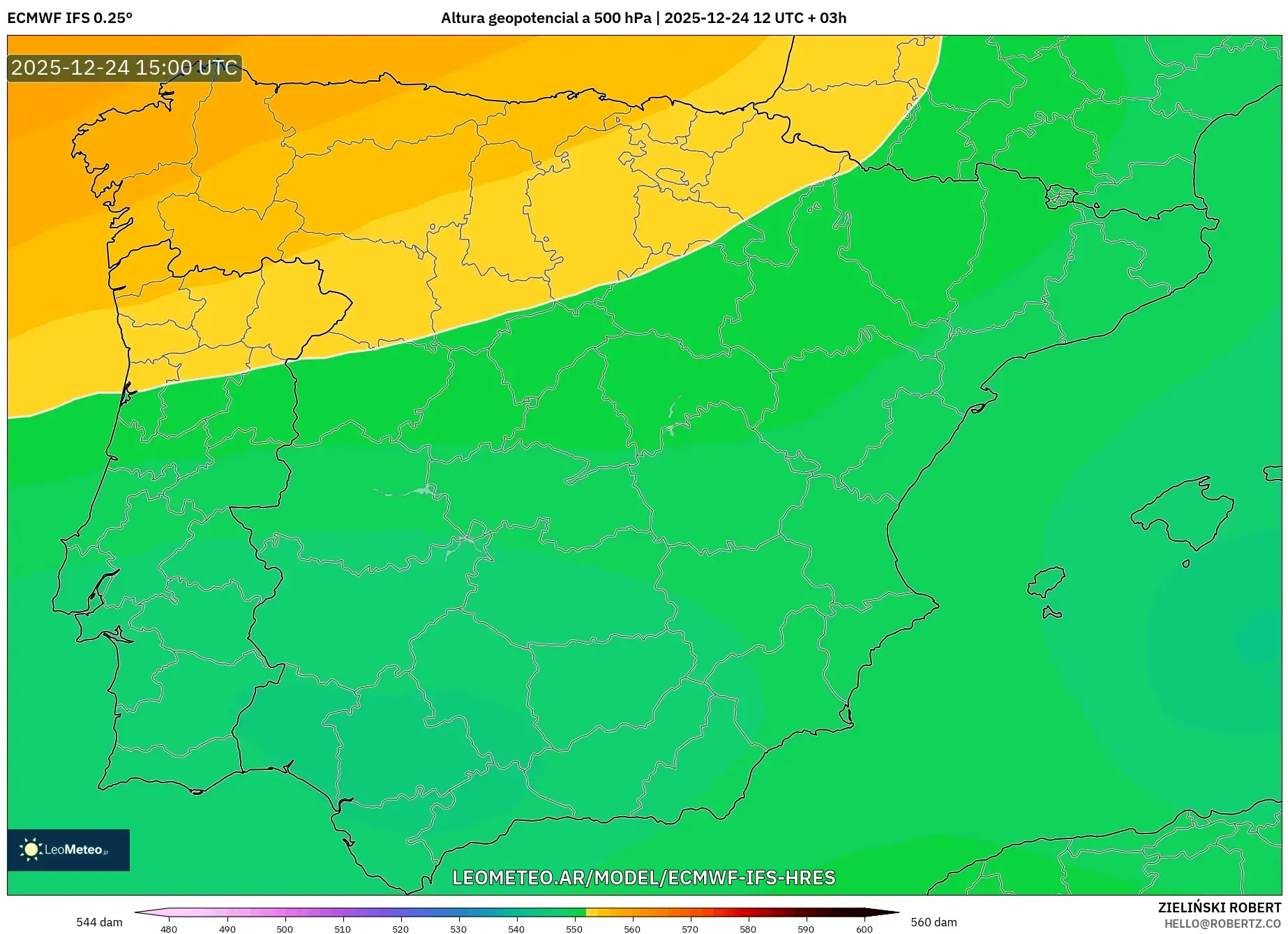 ECMWF IFS 0.25° model - Hiszpania, Wysokość geopotencjalna na poziomie 500 hPa