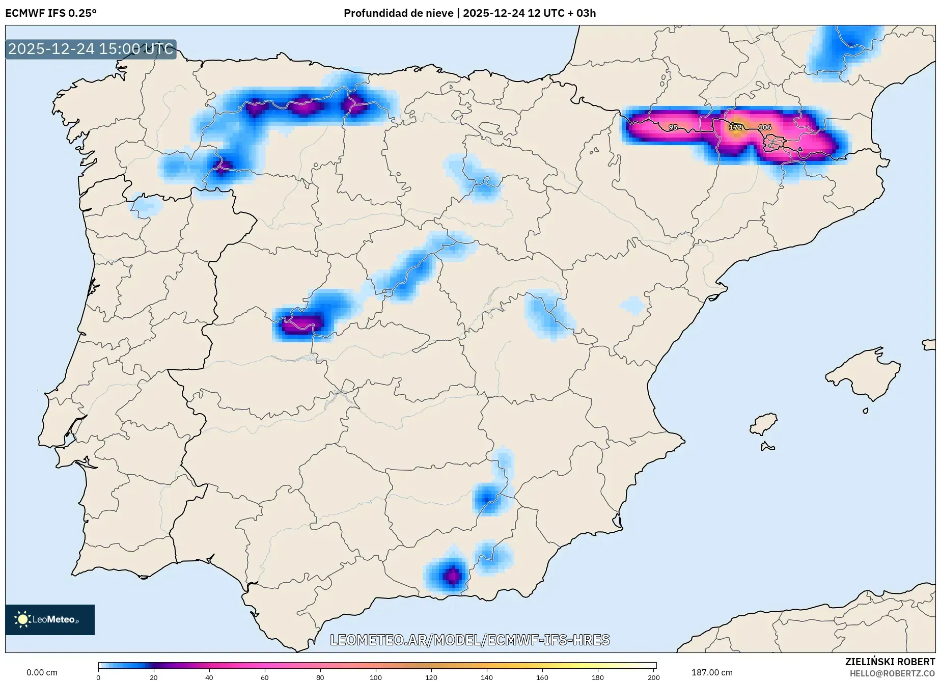 ECMWF IFS 0.25° model - Hiszpania, Pokrywa śnieżna