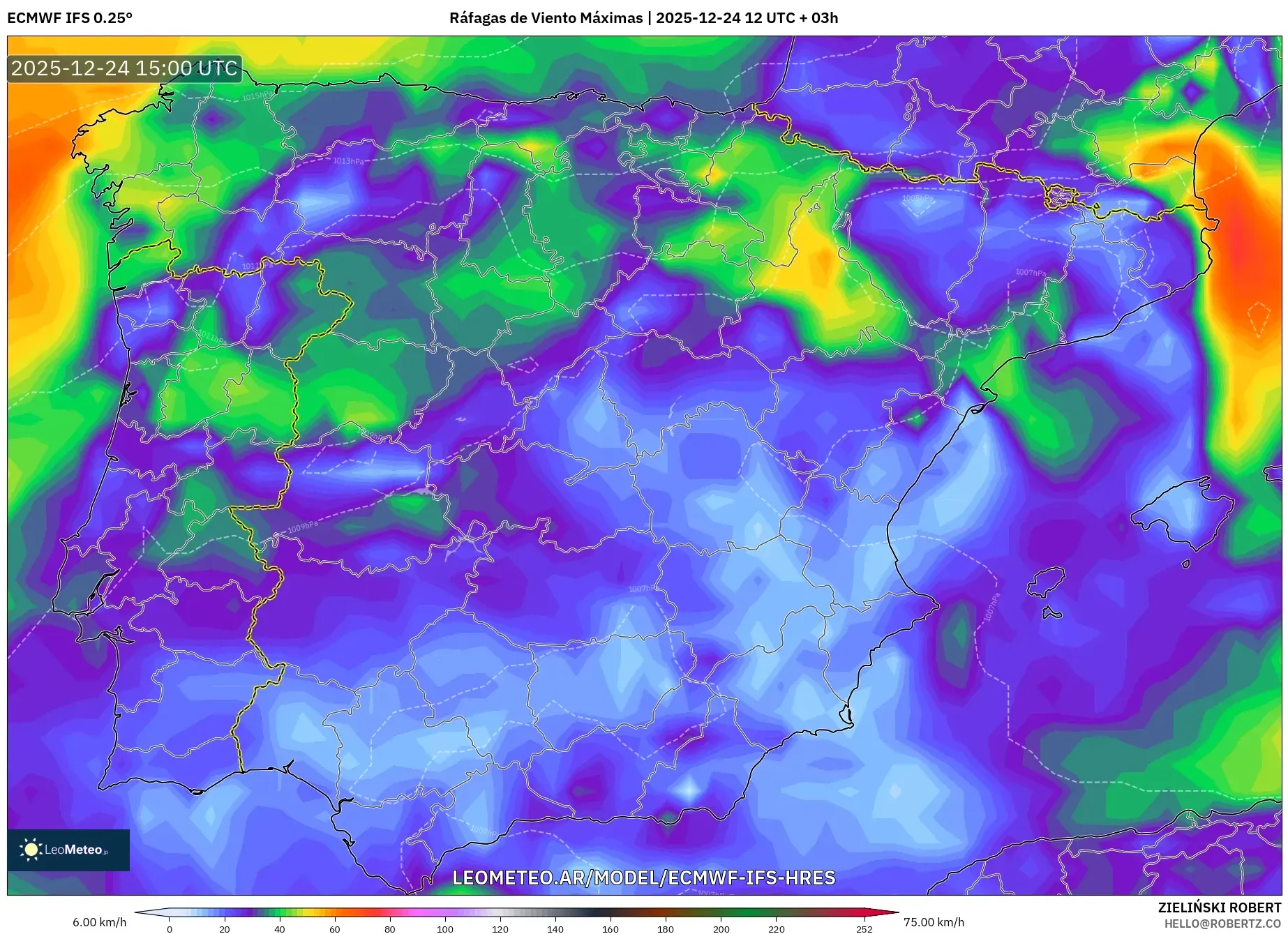 ECMWF IFS 0.25° model - Hiszpania, Maksymalne Porywy Wiatru
