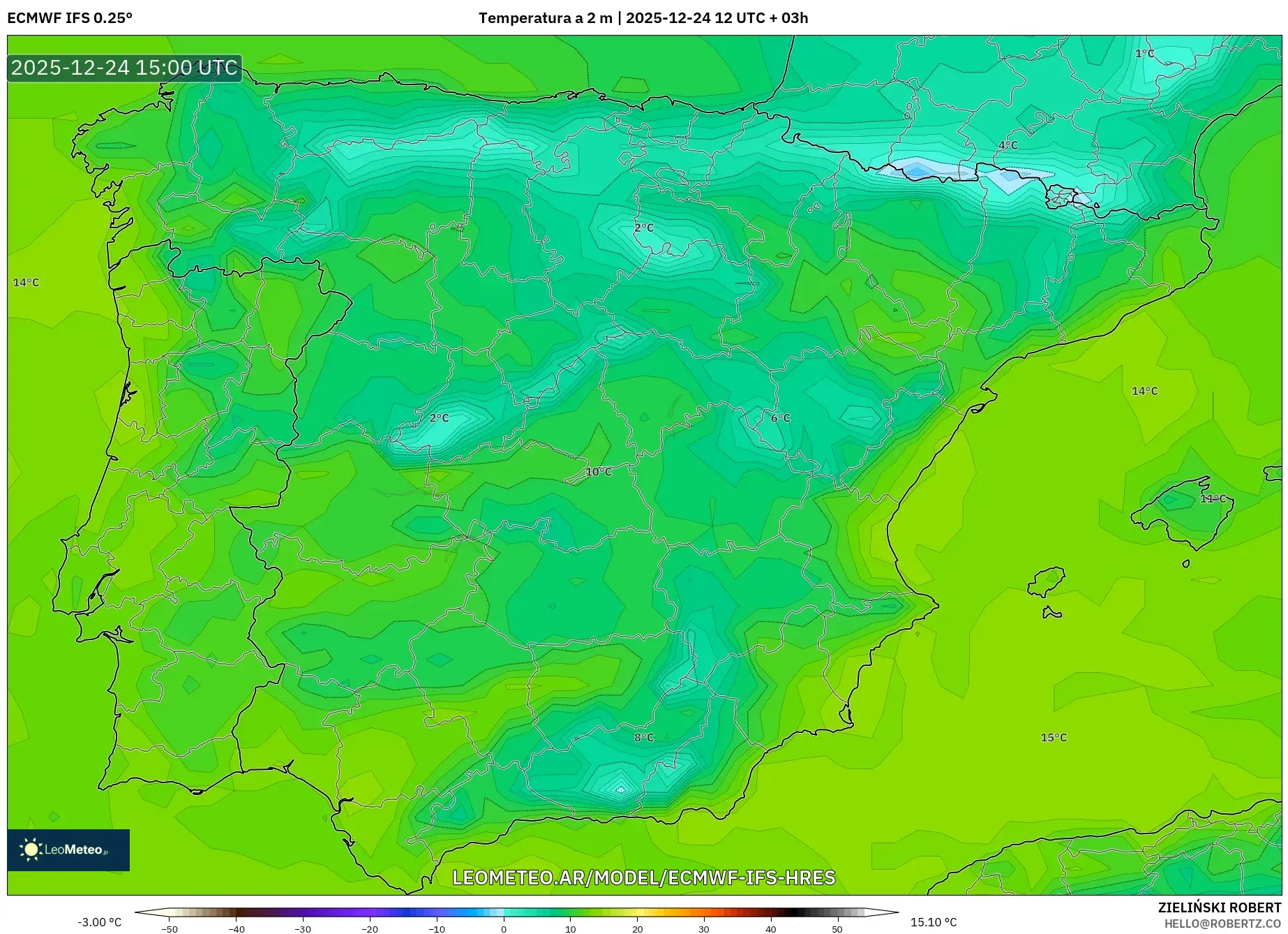 ECMWF IFS 0.25° model - Hiszpania, Temperatura na 2 m