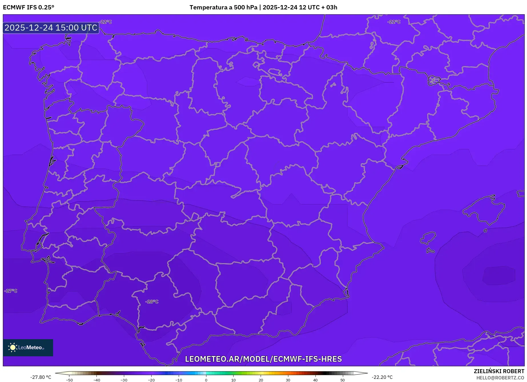ECMWF IFS 0.25° model - Hiszpania, Temperatura na 500 hPa