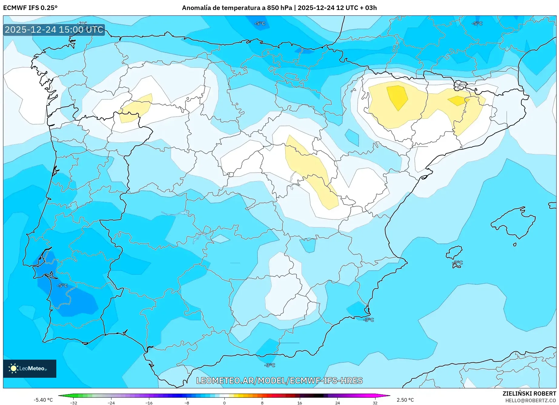 ECMWF IFS 0.25° model - Hiszpania, Anomalia temperatury na 850 hPa