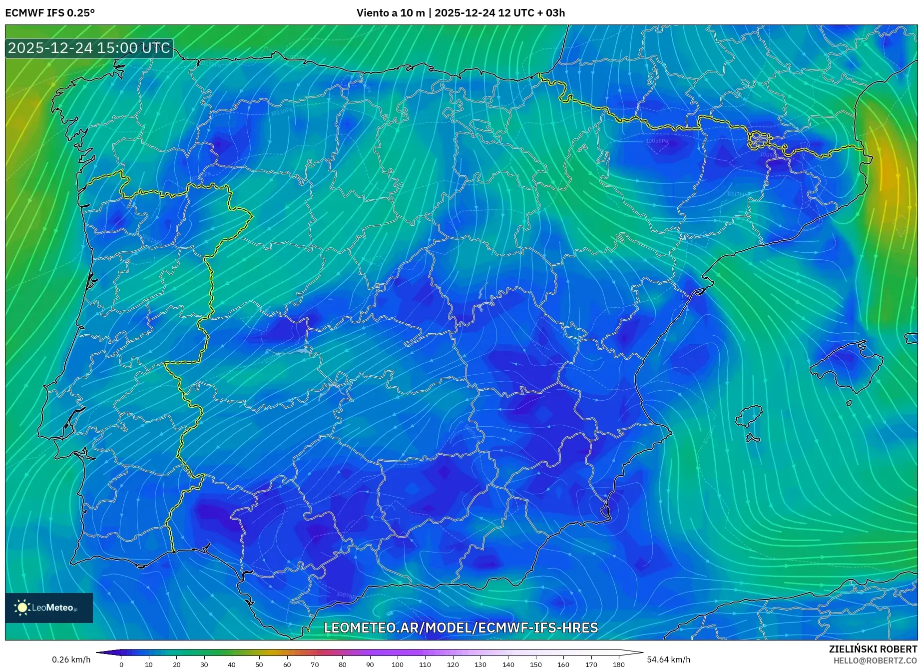 ECMWF IFS 0.25° model - Hiszpania, Wiatr na 10 m