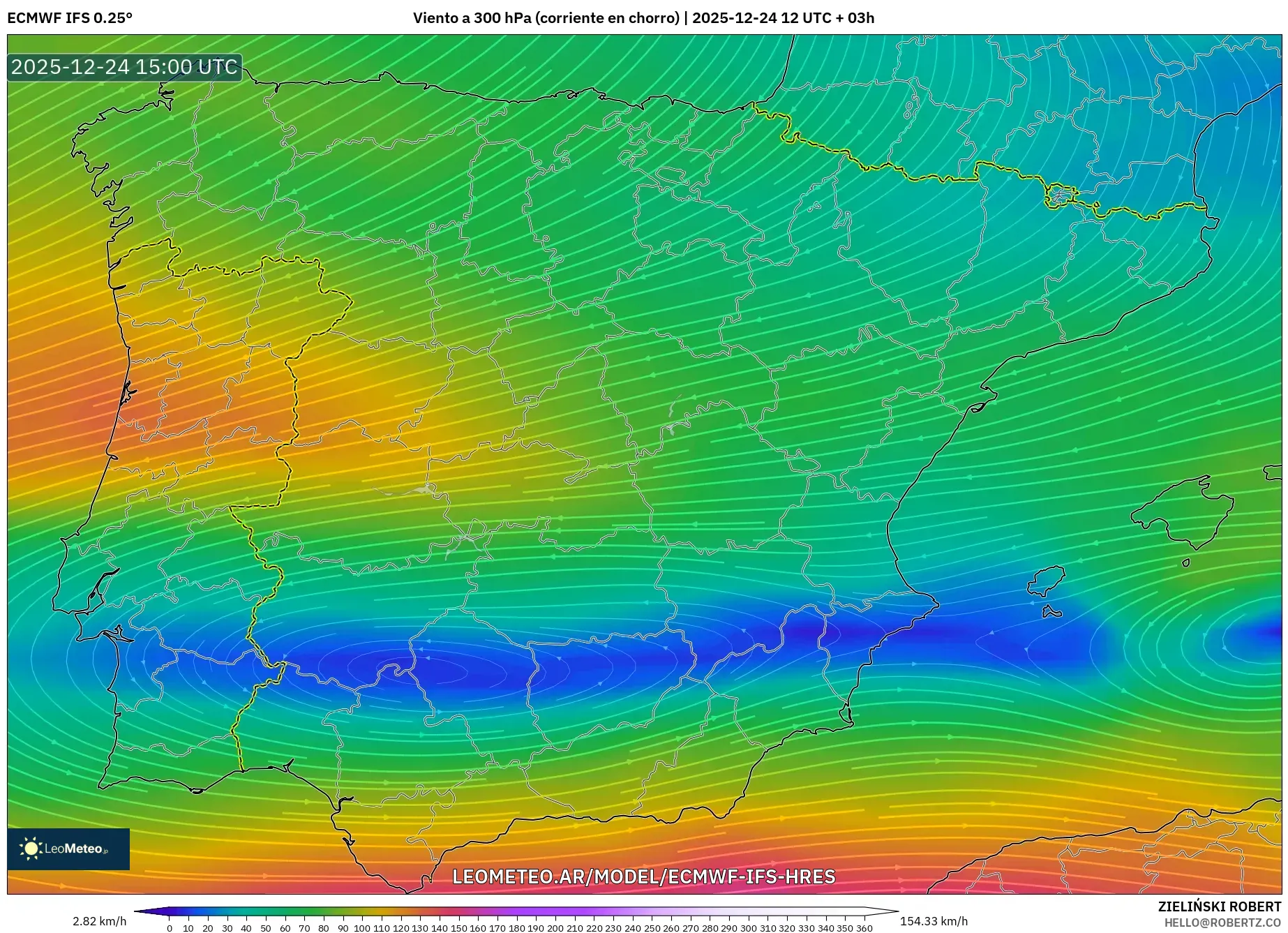 ECMWF IFS 0.25° model - Hiszpania, Wiatr na 300 hPa (prąd strumieniowy)