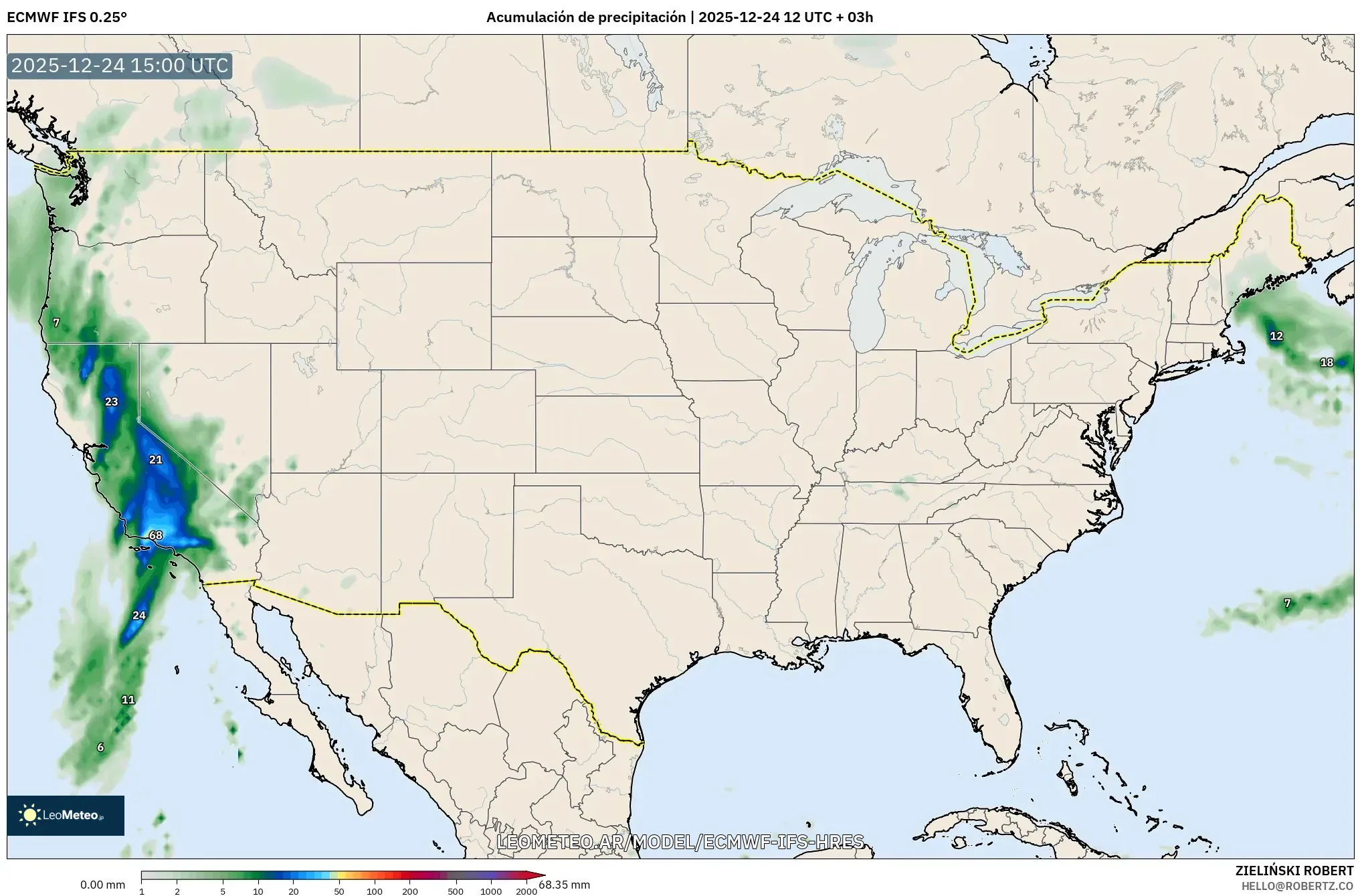 ECMWF IFS 0.25° model - Stany Zjednoczone, Suma opadów