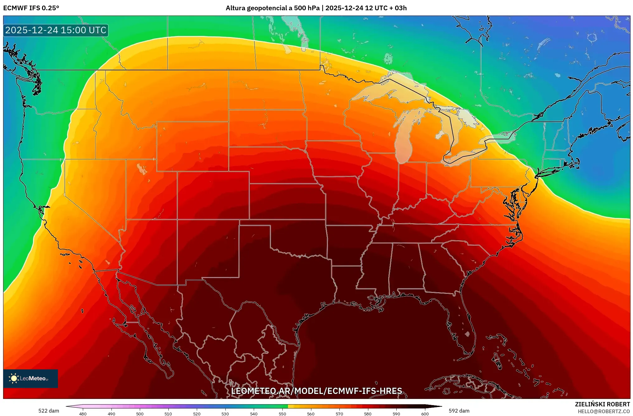 ECMWF IFS 0.25° model - Stany Zjednoczone, Wysokość geopotencjalna na poziomie 500 hPa