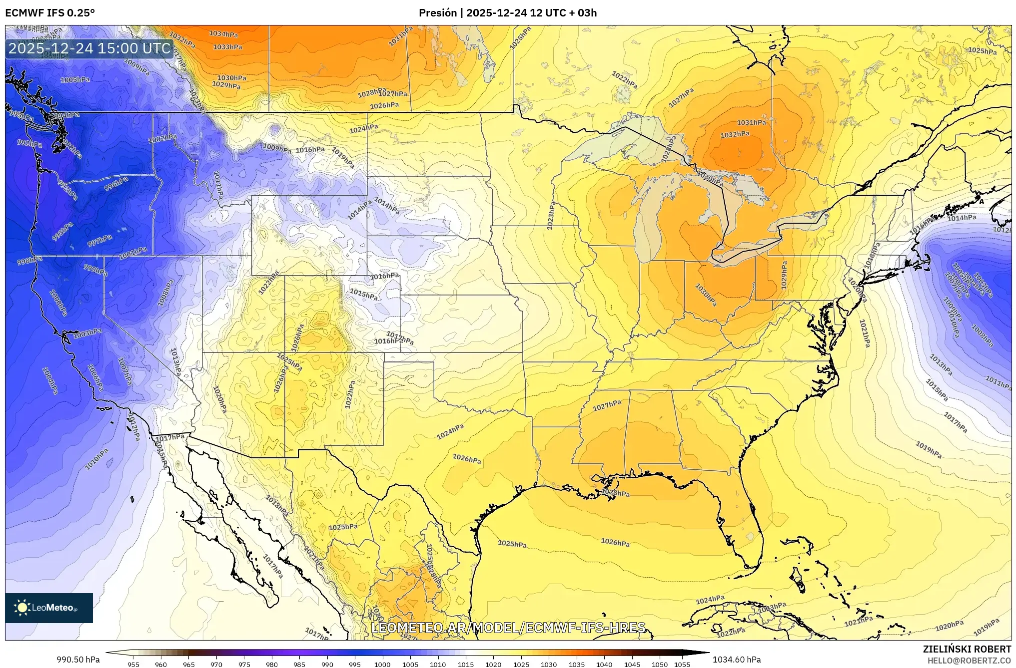 ECMWF IFS 0.25° model - Stany Zjednoczone, Ciśnienie