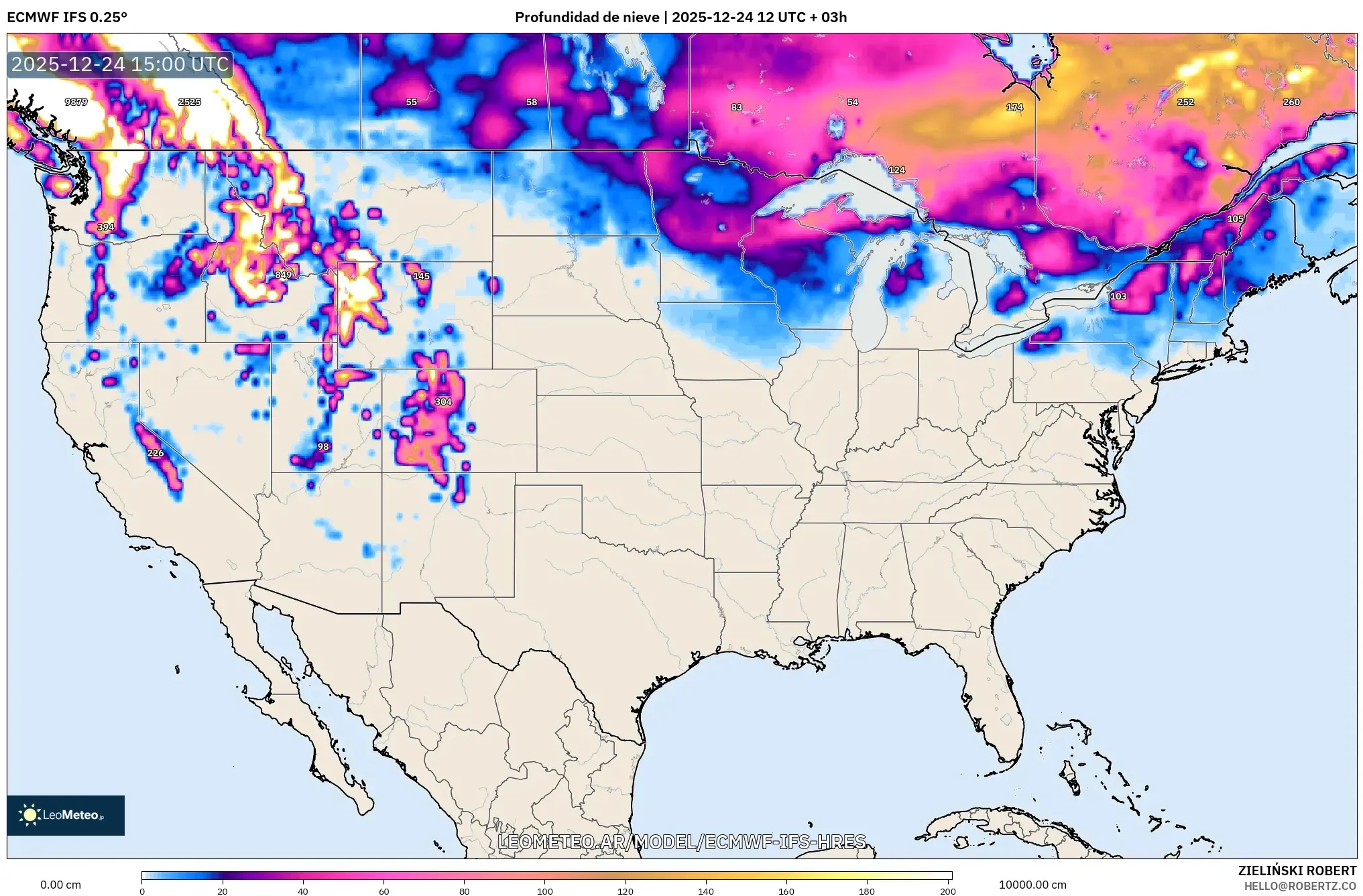 ECMWF IFS 0.25° model - Stany Zjednoczone, Pokrywa śnieżna