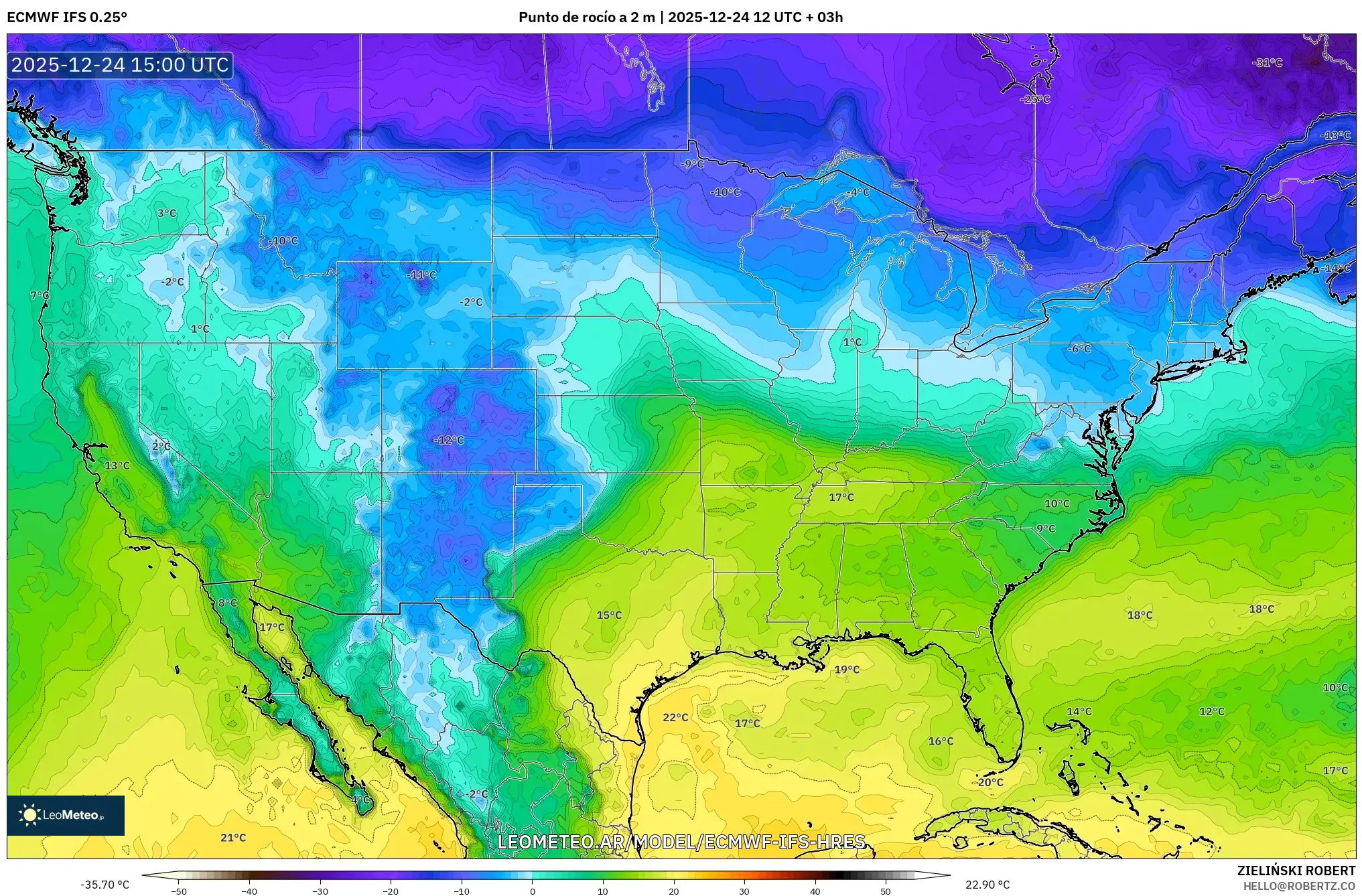 ECMWF IFS 0.25° model - Stany Zjednoczone, Punkt rosy na 2 m