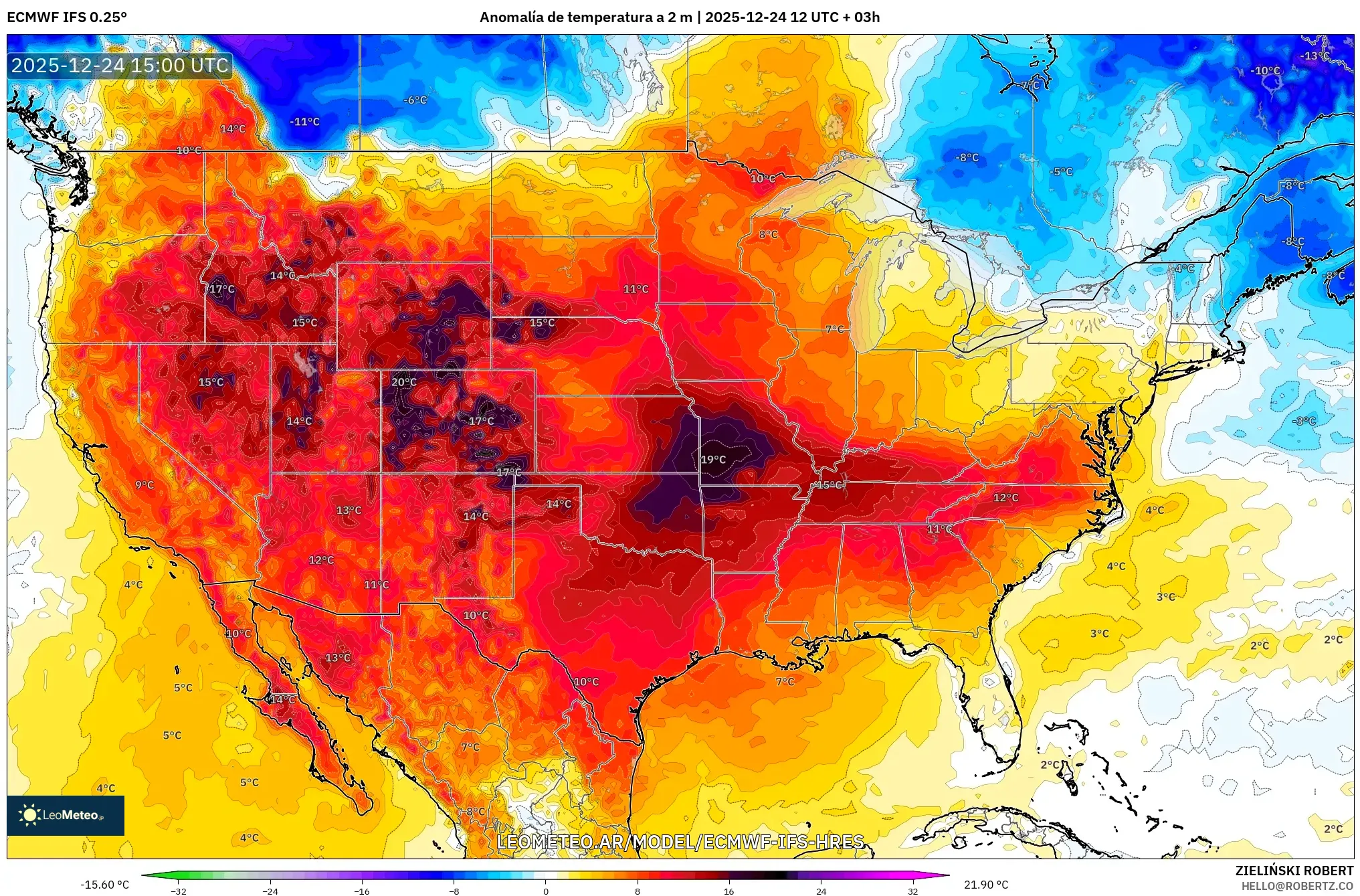 ECMWF IFS 0.25° model - Stany Zjednoczone, Anomalia temperatury na 2 m