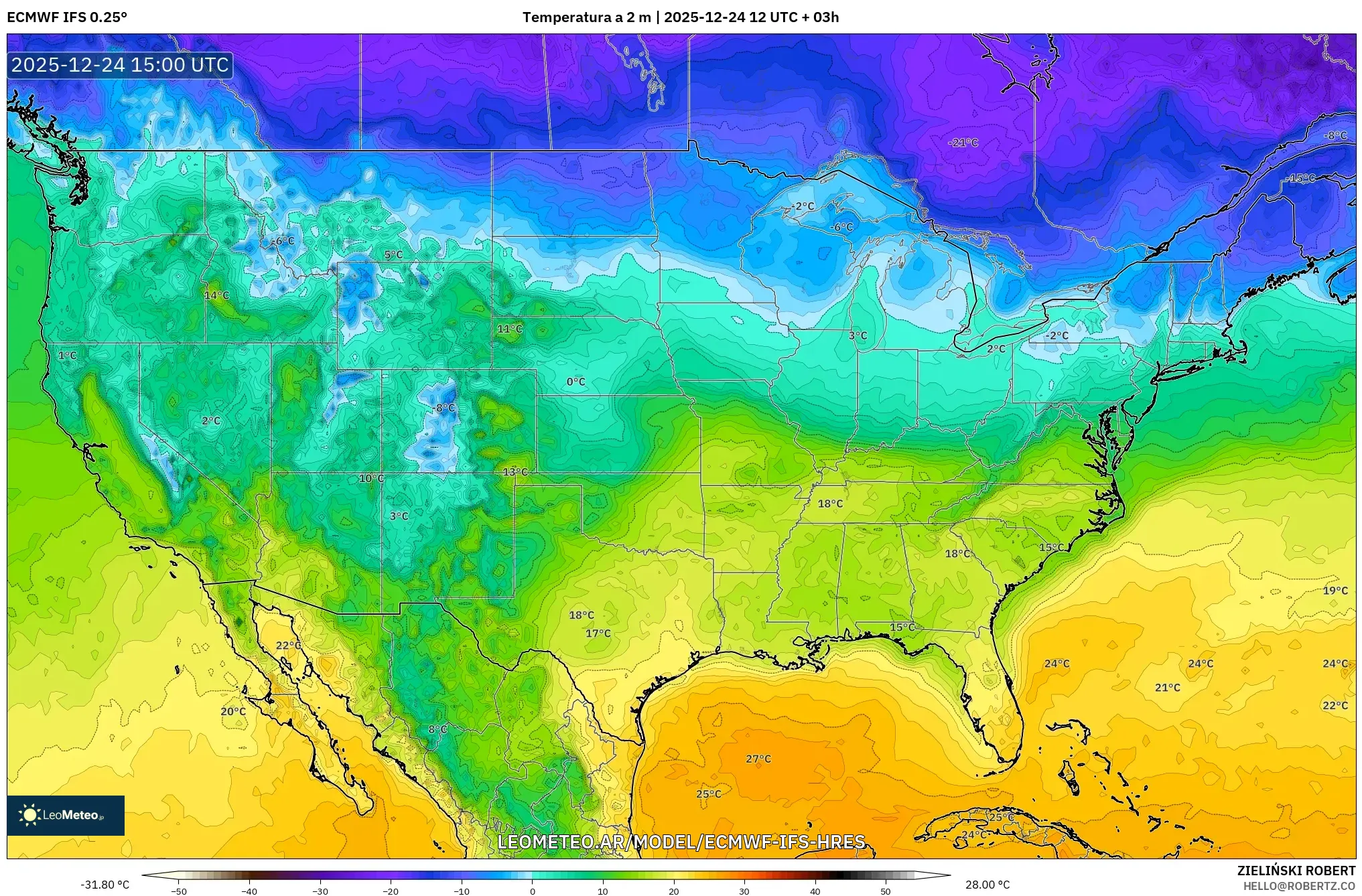 ECMWF IFS 0.25° model - Stany Zjednoczone, Temperatura na 2 m