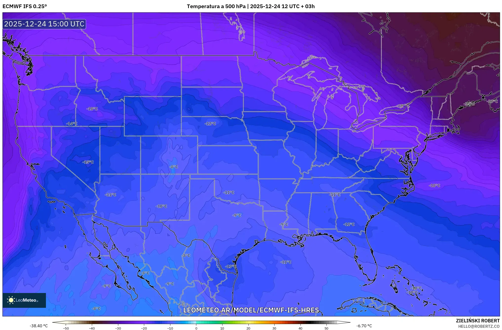 ECMWF IFS 0.25° model - Stany Zjednoczone, Temperatura na 500 hPa