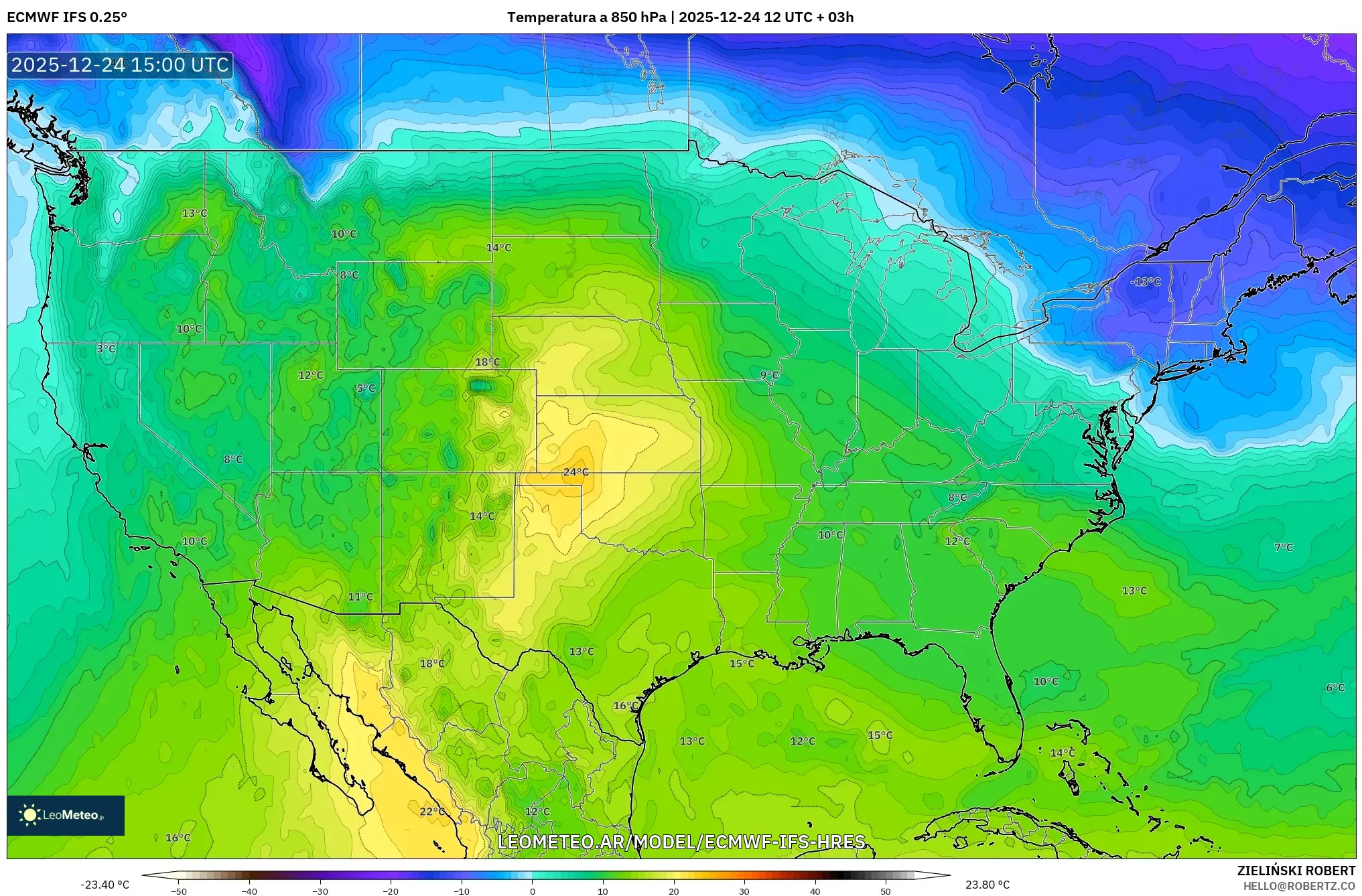 ECMWF IFS 0.25° model - Stany Zjednoczone, Temperatura na 850 hPa