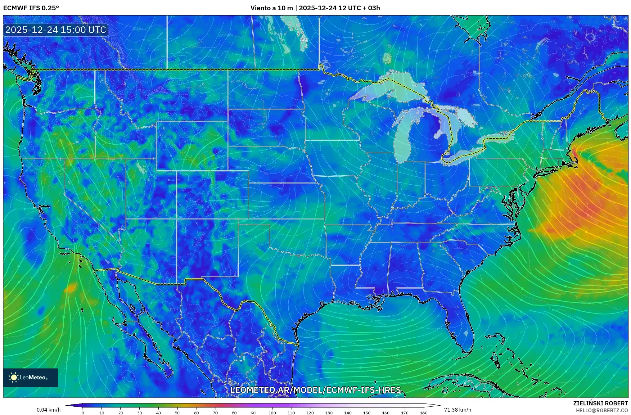 ECMWF IFS 0.25° model - Stany Zjednoczone, Wiatr na 10 m