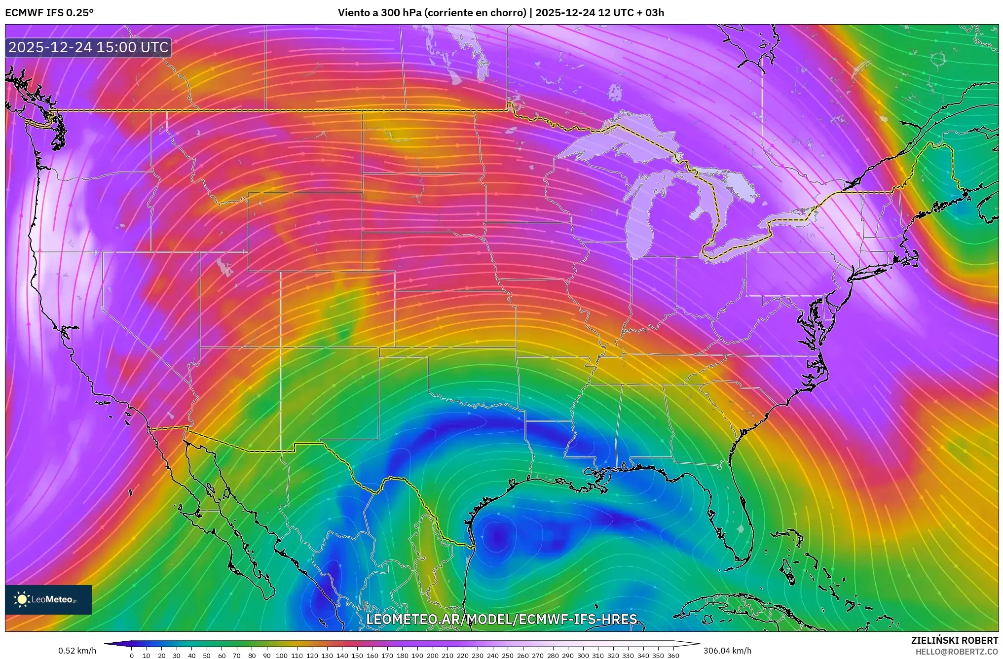 ECMWF IFS 0.25° model - Stany Zjednoczone, Wiatr na 300 hPa (prąd strumieniowy)
