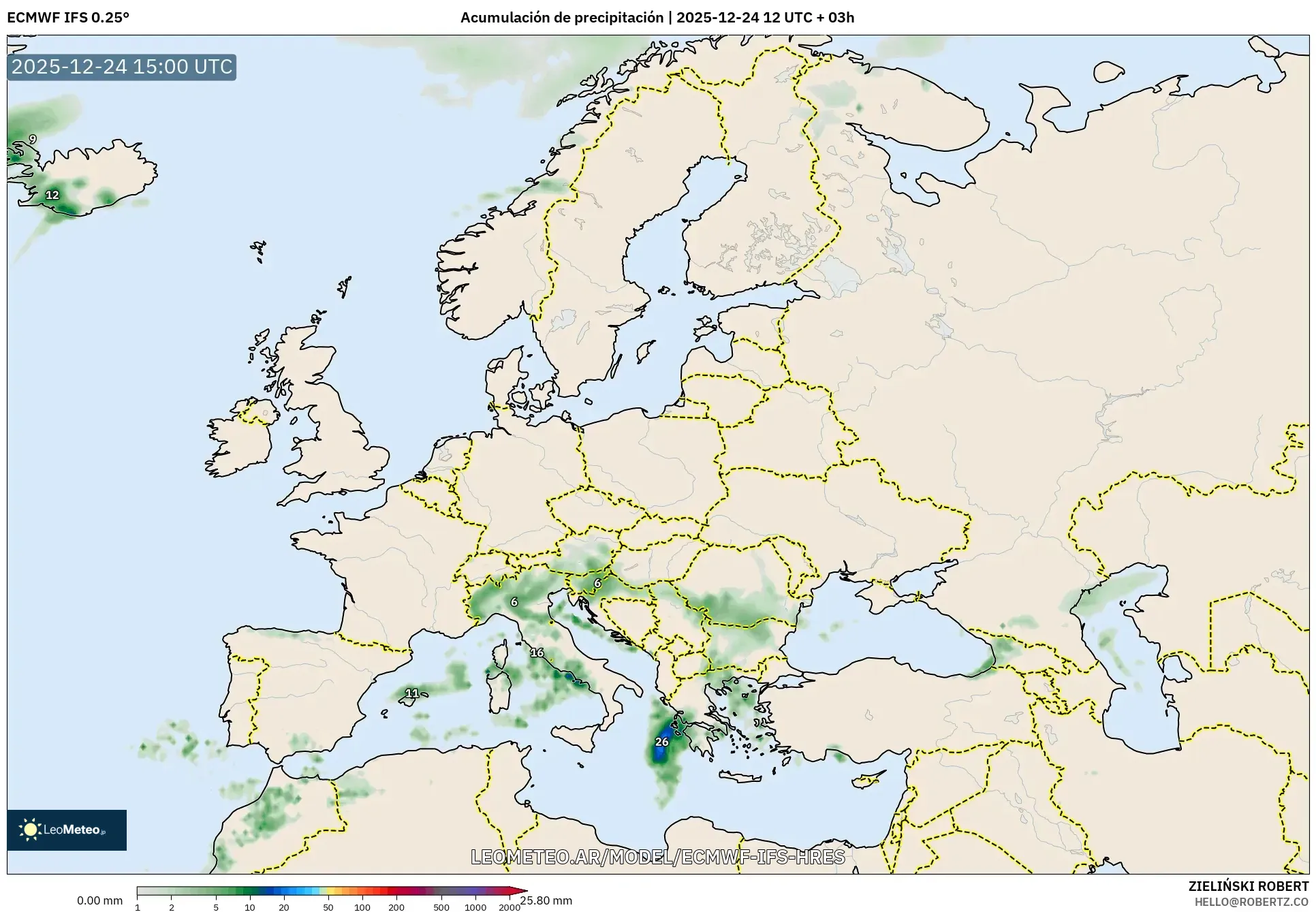 ECMWF IFS 0.25° model - Europa, Suma opadów