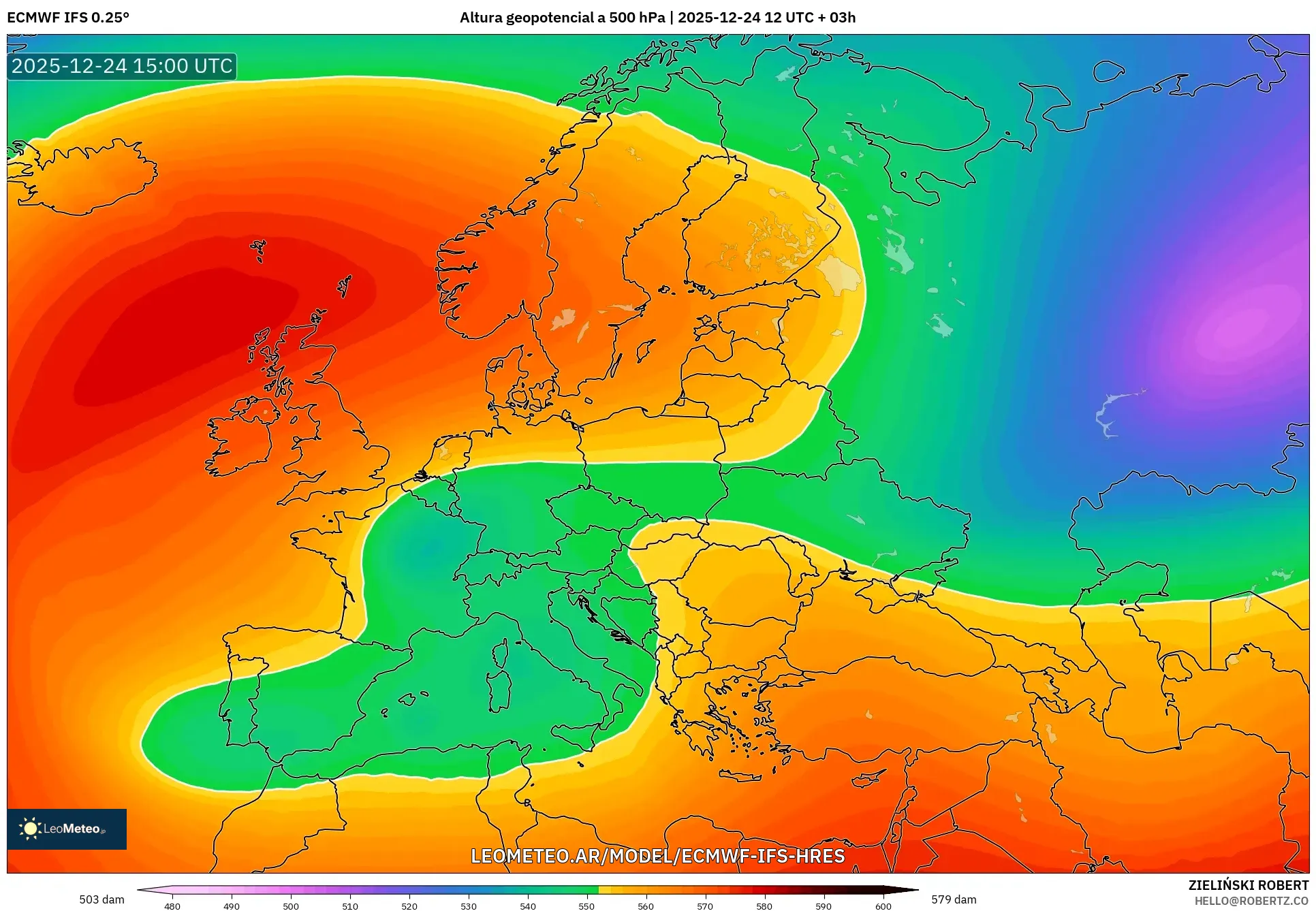 ECMWF IFS 0.25° model - Europa, Wysokość geopotencjalna na poziomie 500 hPa