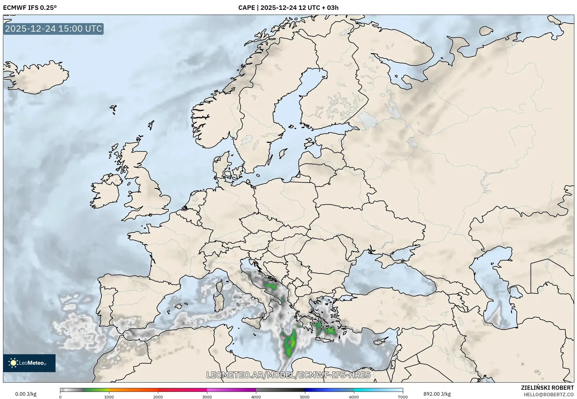 ECMWF IFS 0.25° model - Europa, CAPE