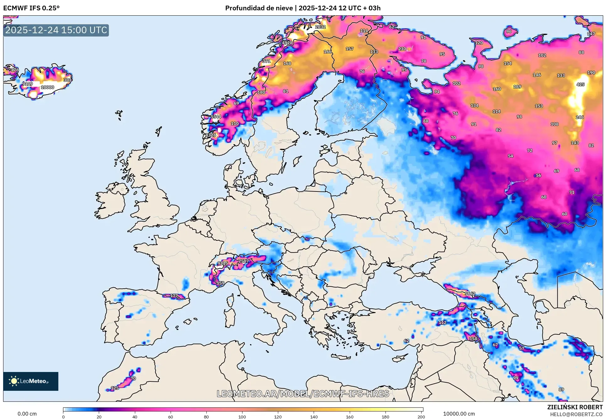 ECMWF IFS 0.25° model - Europa, Pokrywa śnieżna