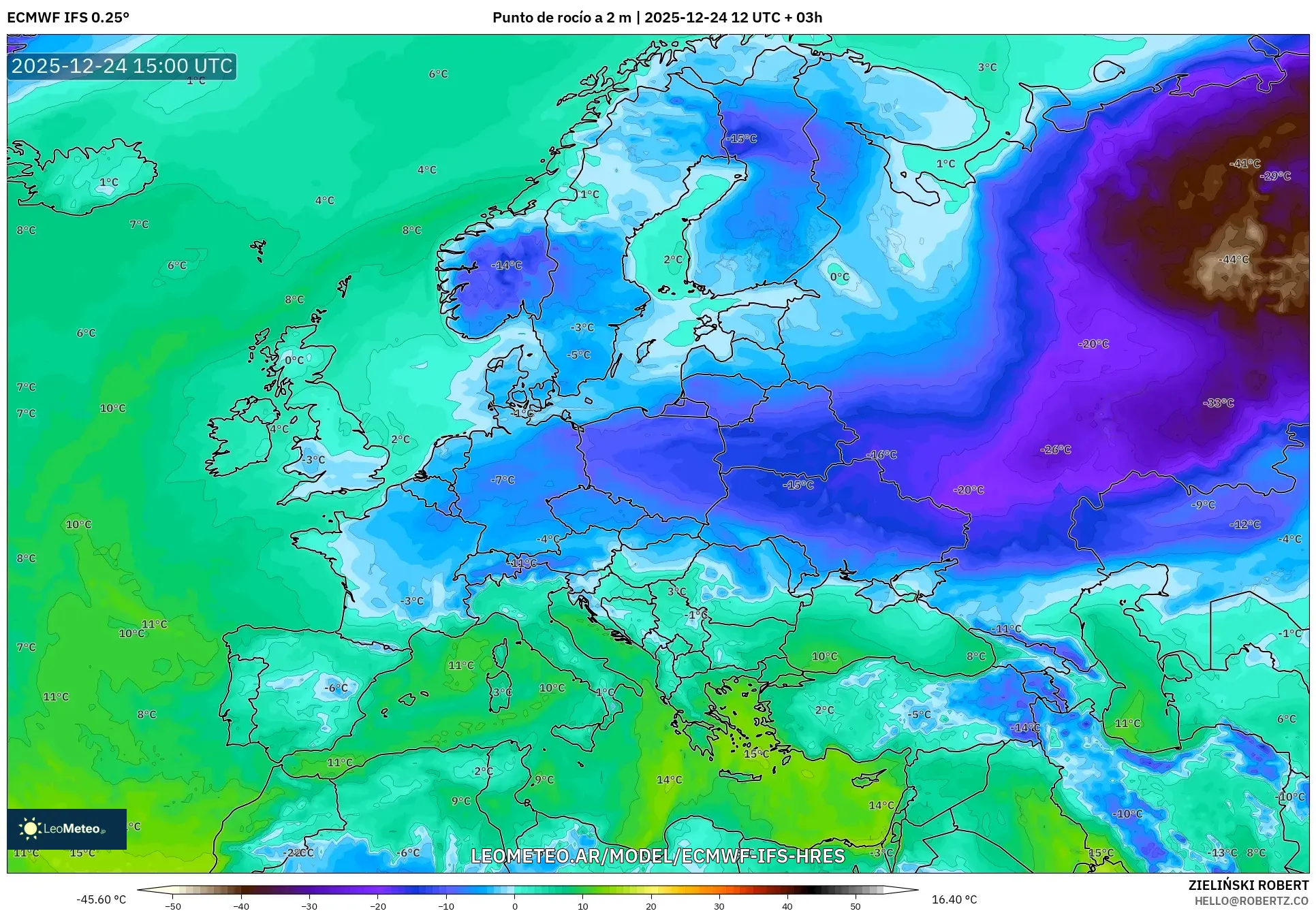 ECMWF IFS 0.25° model - Europa, Punkt rosy na 2 m