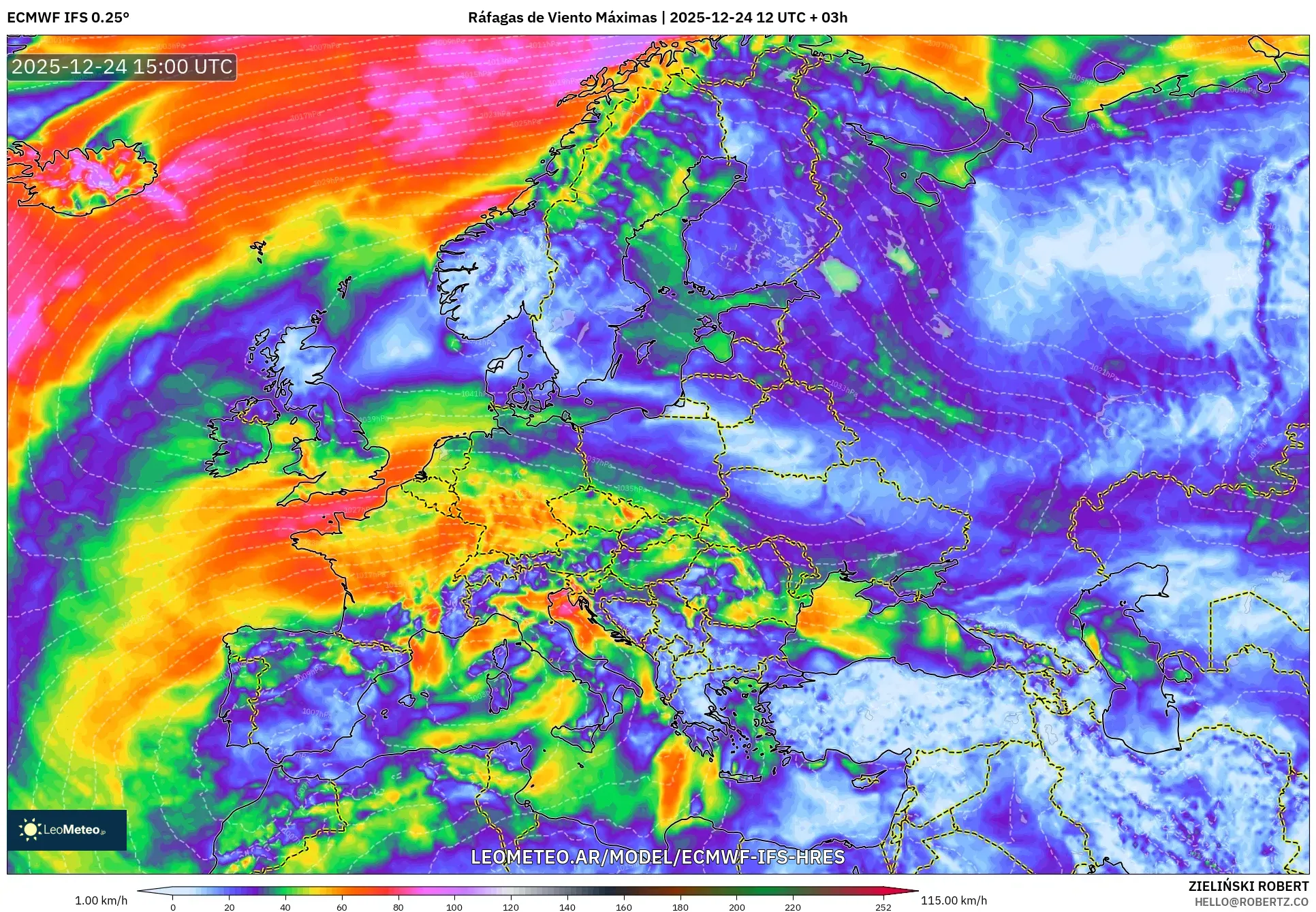 ECMWF IFS 0.25° model - Europa, Maksymalne Porywy Wiatru
