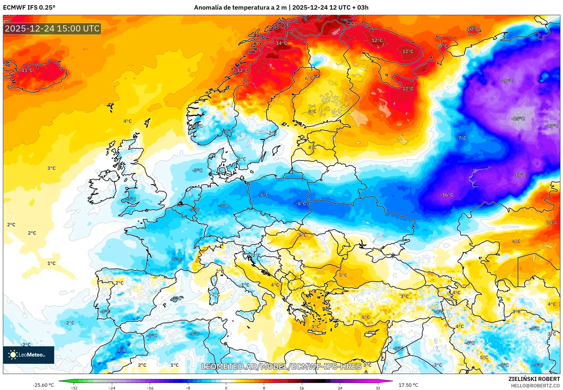 ECMWF IFS 0.25° model - Europa, Anomalia temperatury na 2 m