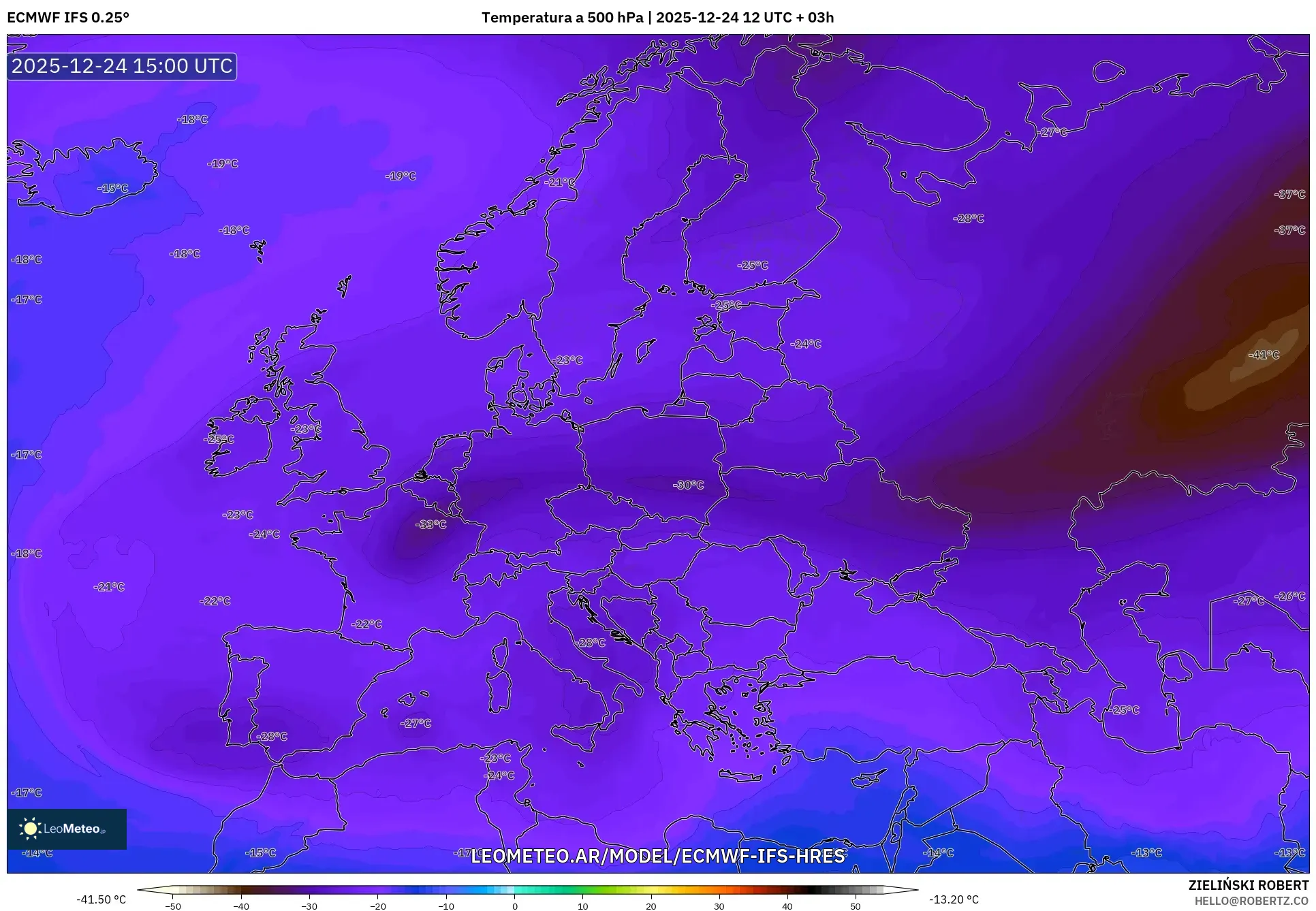 ECMWF IFS 0.25° model - Europa, Temperatura na 500 hPa