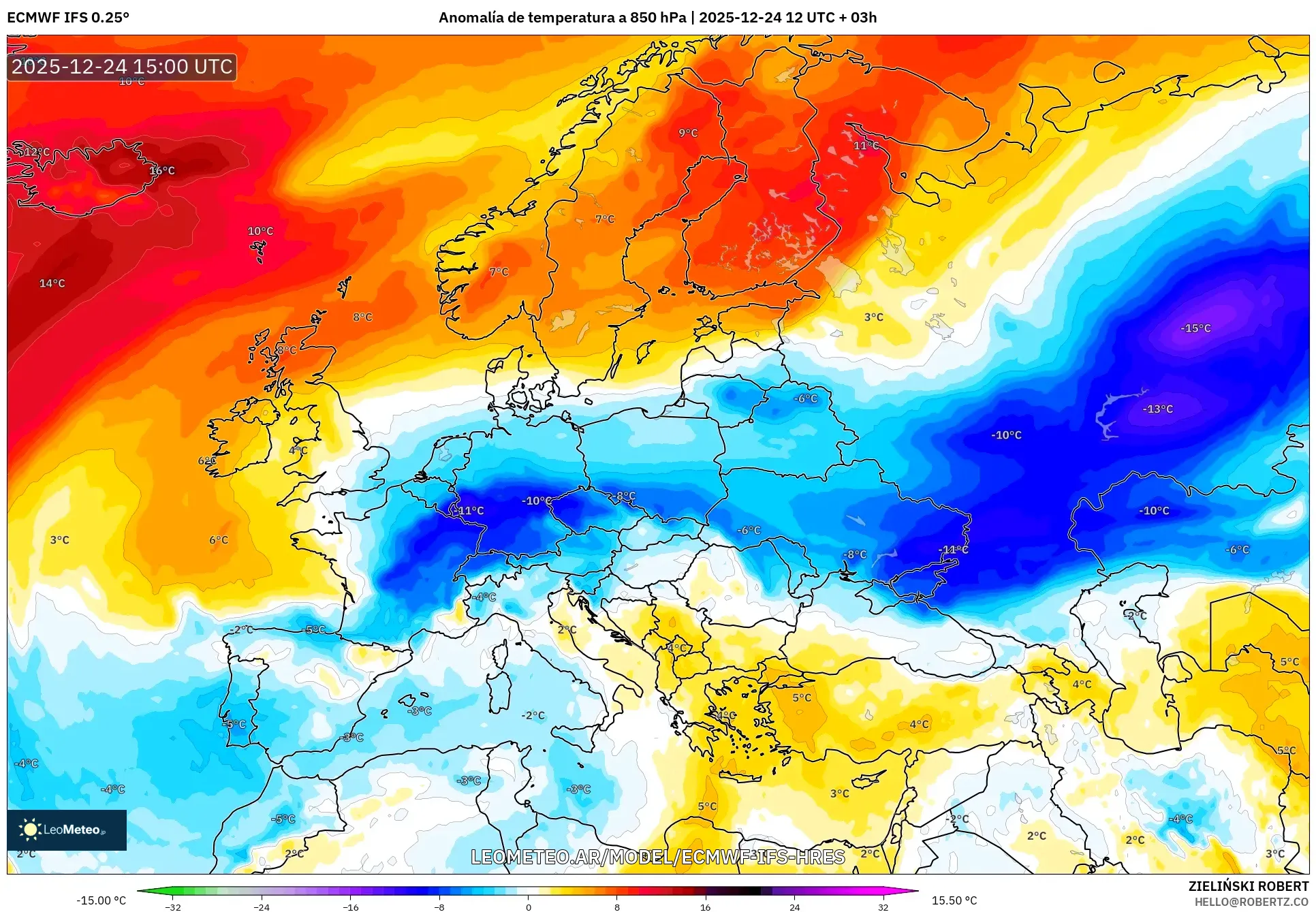 ECMWF IFS 0.25° model - Europa, Anomalia temperatury na 850 hPa