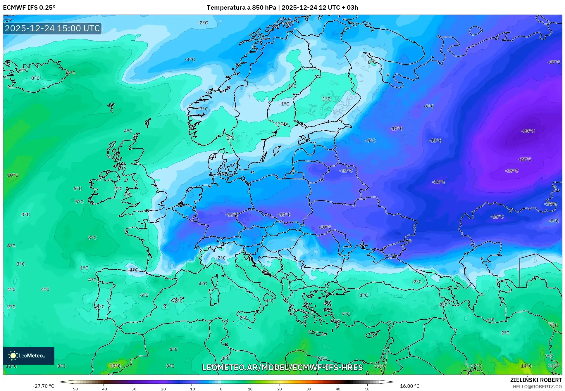 ECMWF IFS 0.25° model - Europa, Temperatura na 850 hPa