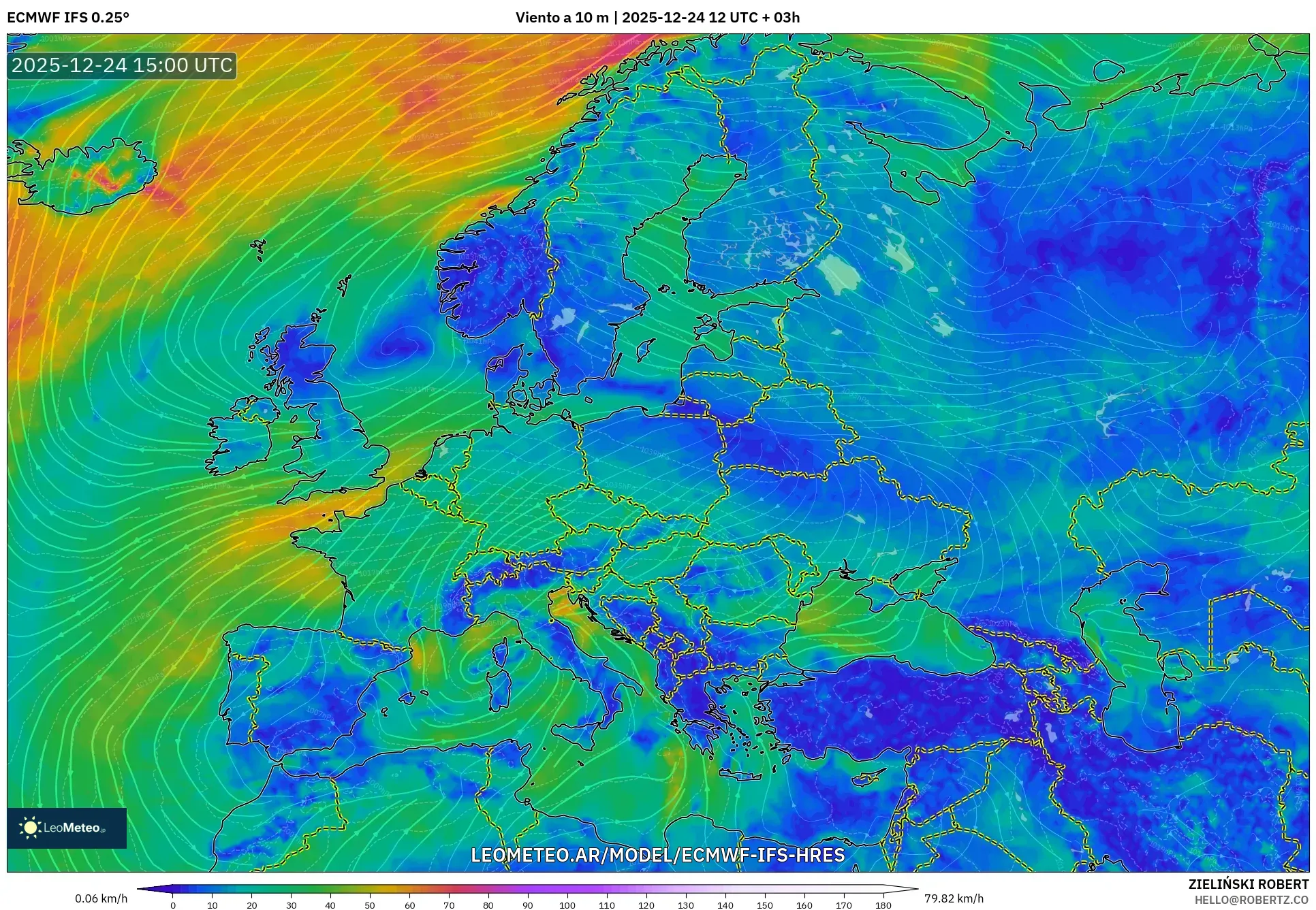 ECMWF IFS 0.25° model - Europa, Wiatr na 10 m