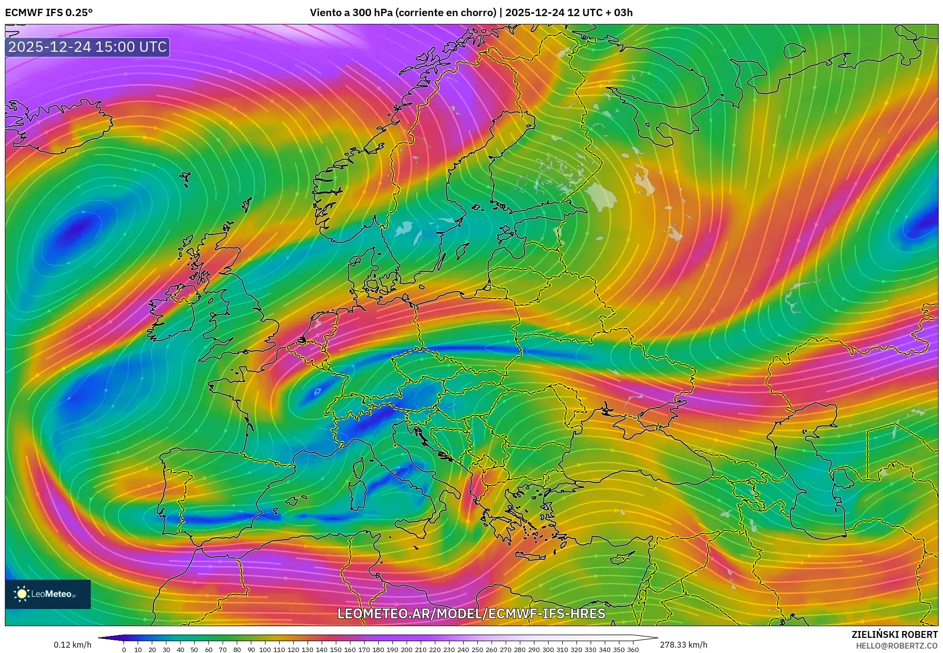 ECMWF IFS 0.25° model - Europa, Wiatr na 300 hPa (prąd strumieniowy)