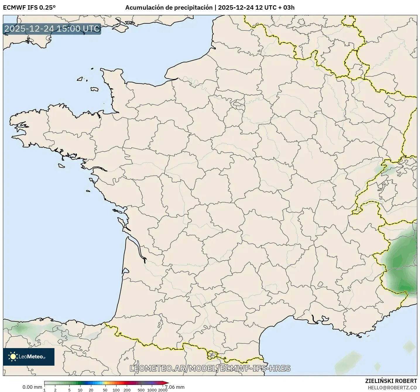 ECMWF IFS 0.25° model - Francja, Suma opadów