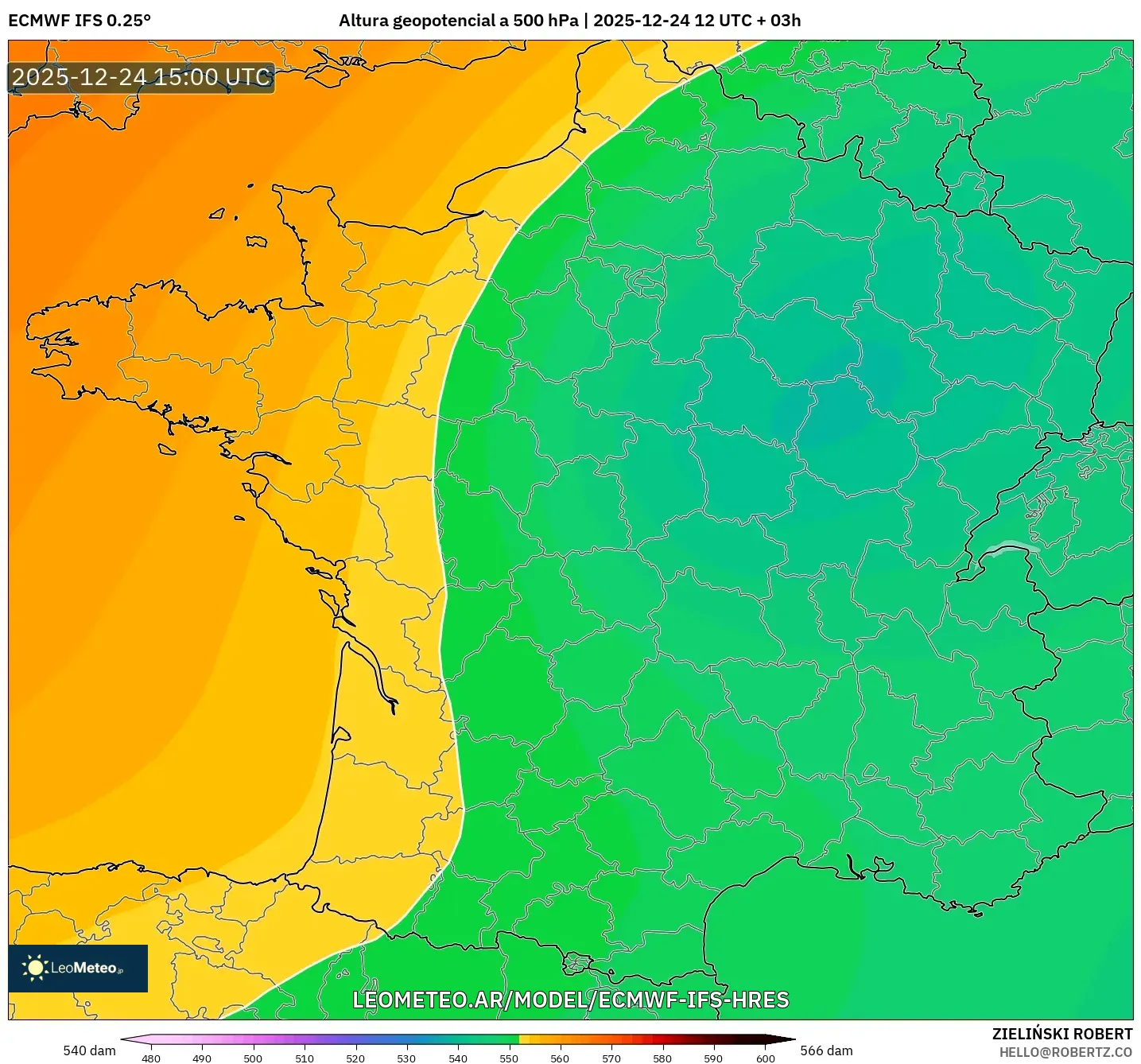 ECMWF IFS 0.25° model - Francja, Wysokość geopotencjalna na poziomie 500 hPa