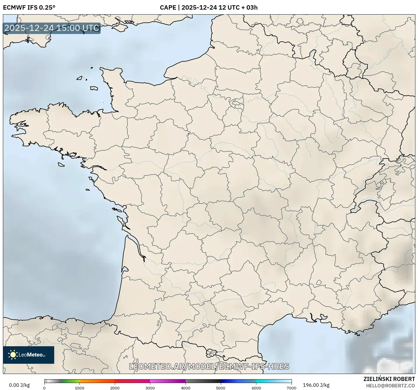 ECMWF IFS 0.25° model - Francja, CAPE