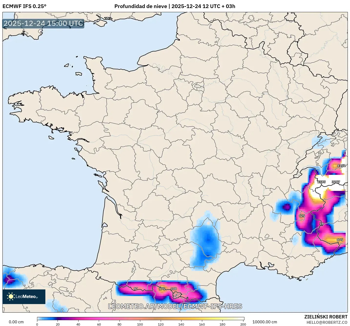 ECMWF IFS 0.25° model - Francja, Pokrywa śnieżna