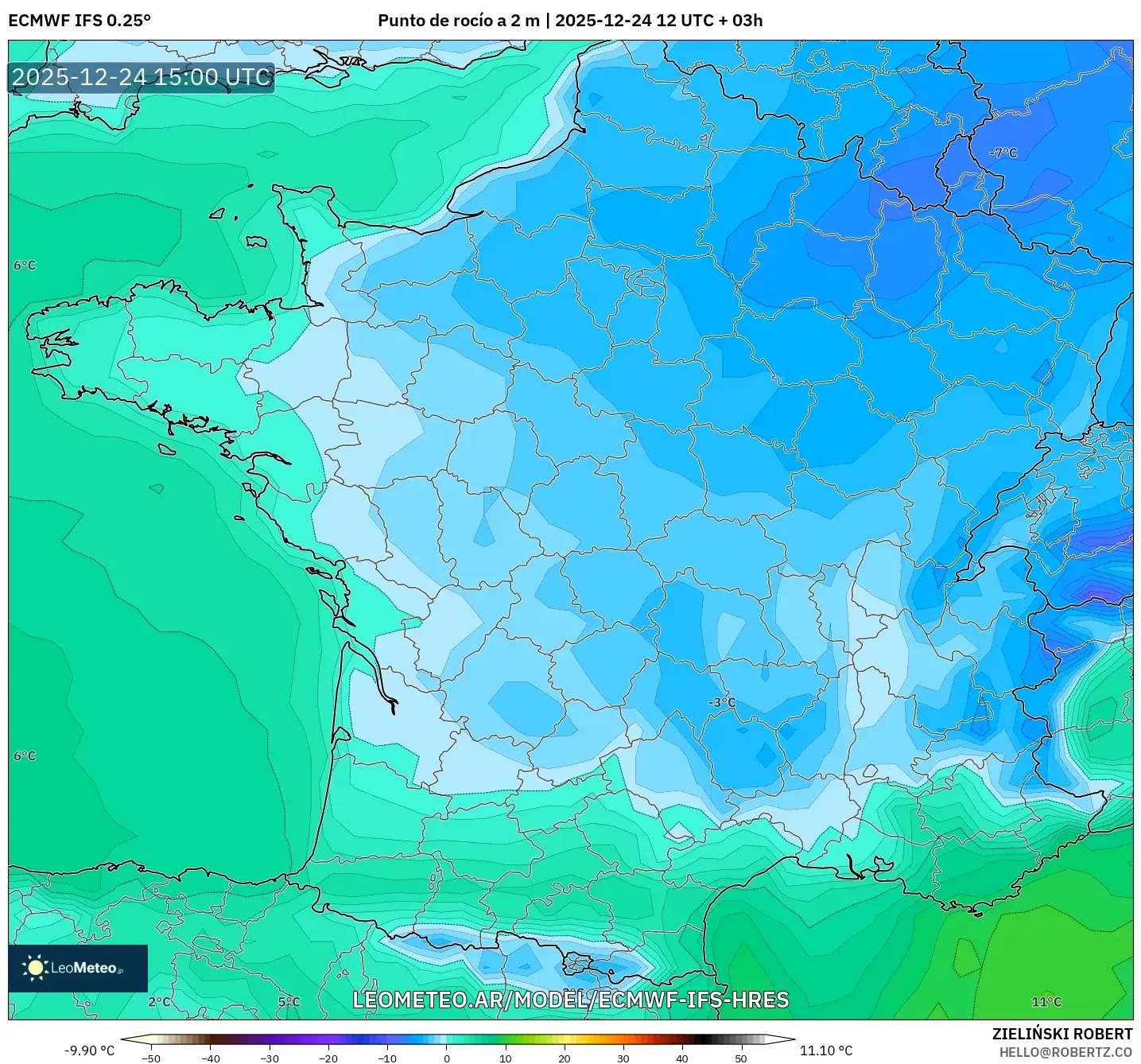 ECMWF IFS 0.25° model - Francja, Punkt rosy na 2 m