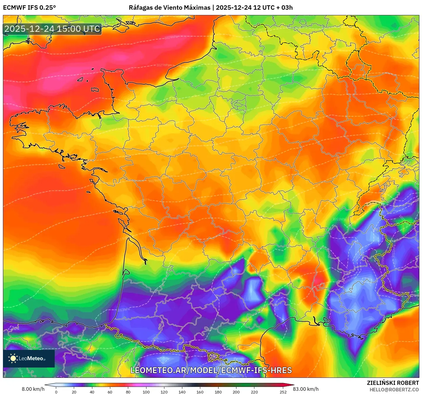 ECMWF IFS 0.25° model - Francja, Maksymalne Porywy Wiatru