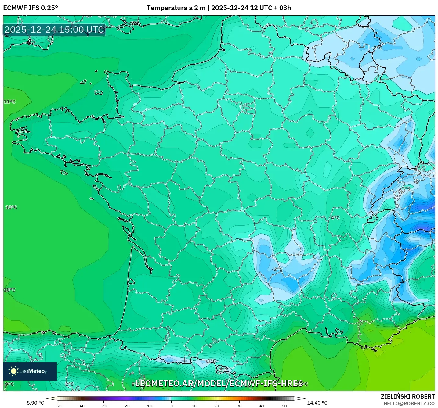 ECMWF IFS 0.25° model - Francja, Temperatura na 2 m