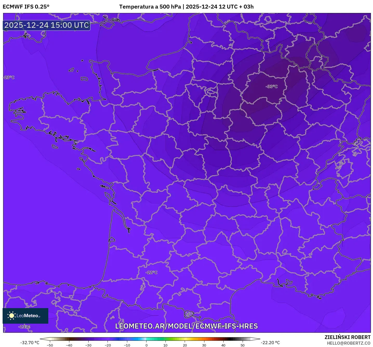 ECMWF IFS 0.25° model - Francja, Temperatura na 500 hPa