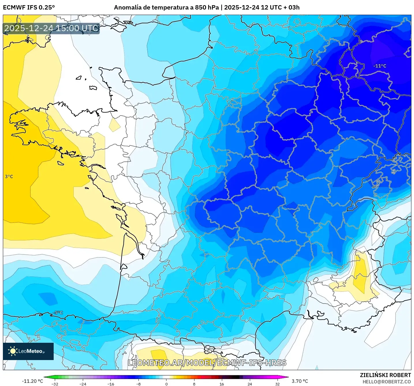 ECMWF IFS 0.25° model - Francja, Anomalia temperatury na 850 hPa