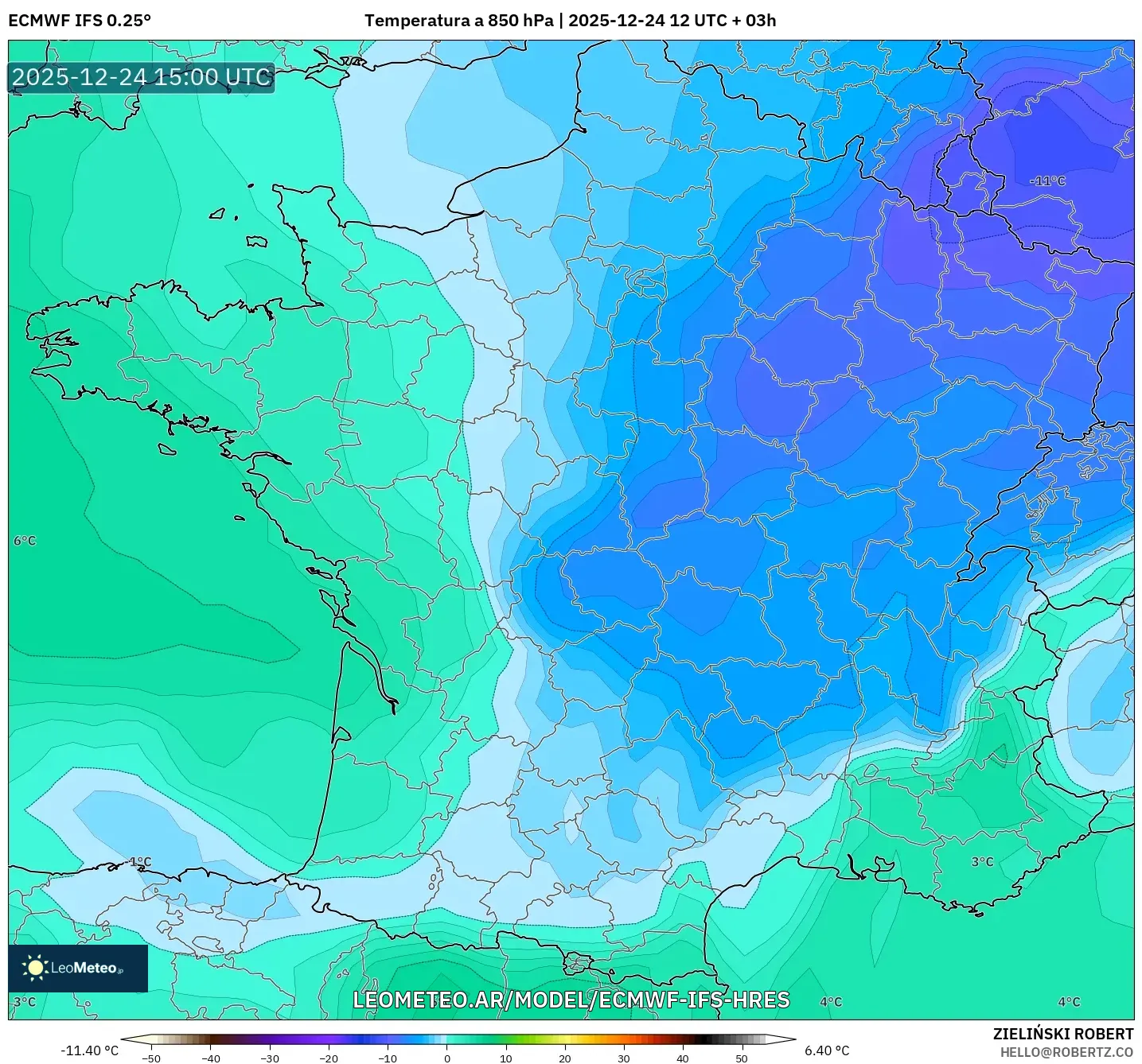 ECMWF IFS 0.25° model - Francja, Temperatura na 850 hPa