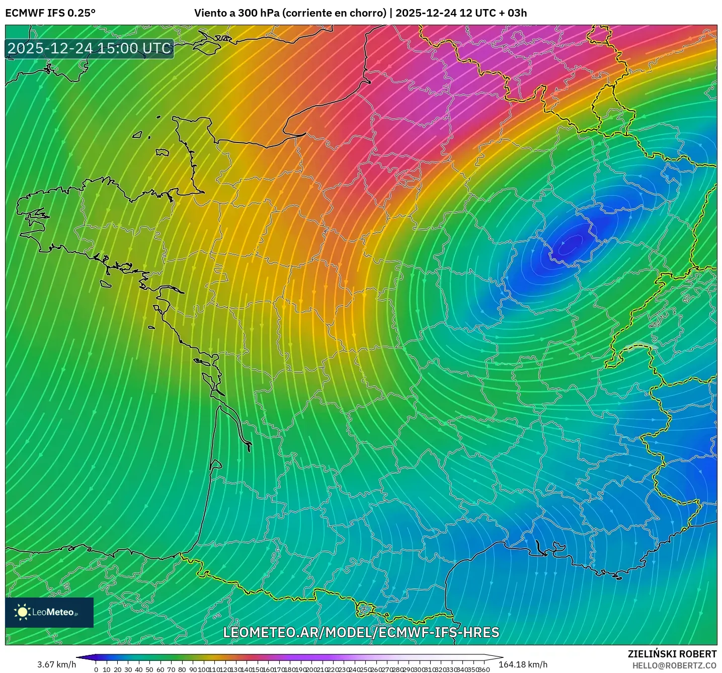ECMWF IFS 0.25° model - Francja, Wiatr na 300 hPa (prąd strumieniowy)