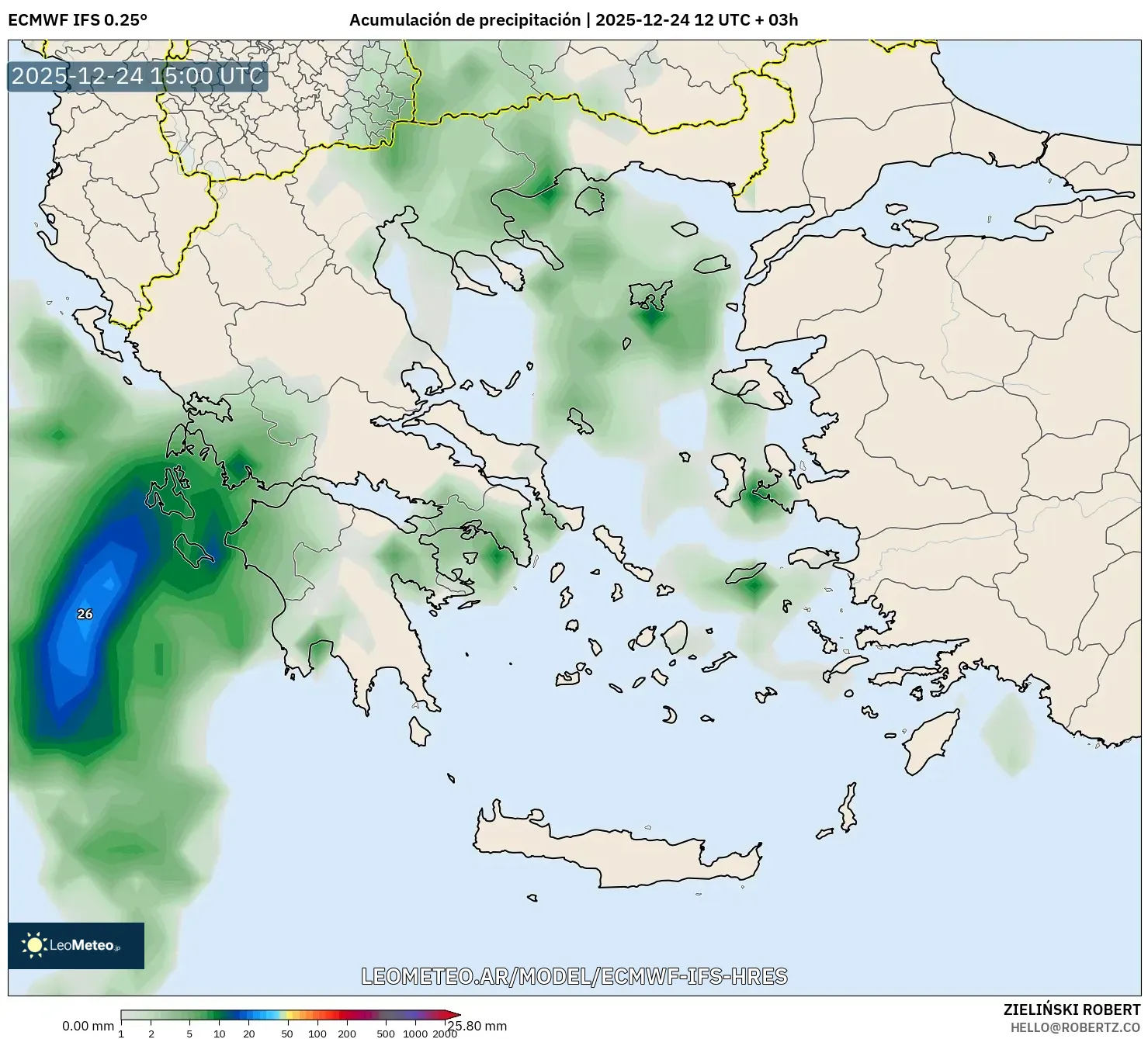 ECMWF IFS 0.25° model - Grecja, Suma opadów