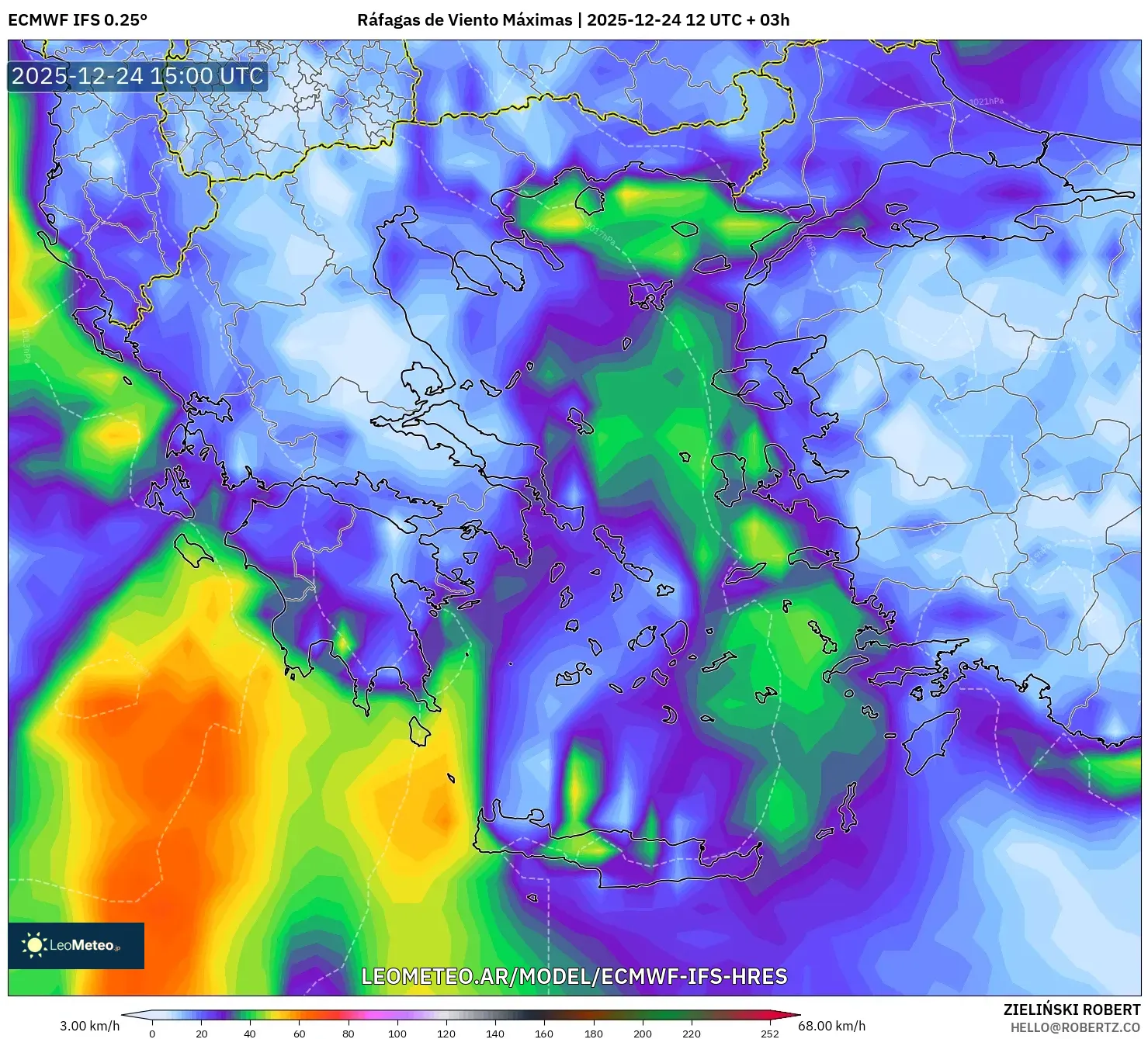 ECMWF IFS 0.25° model - Grecja, Maksymalne Porywy Wiatru