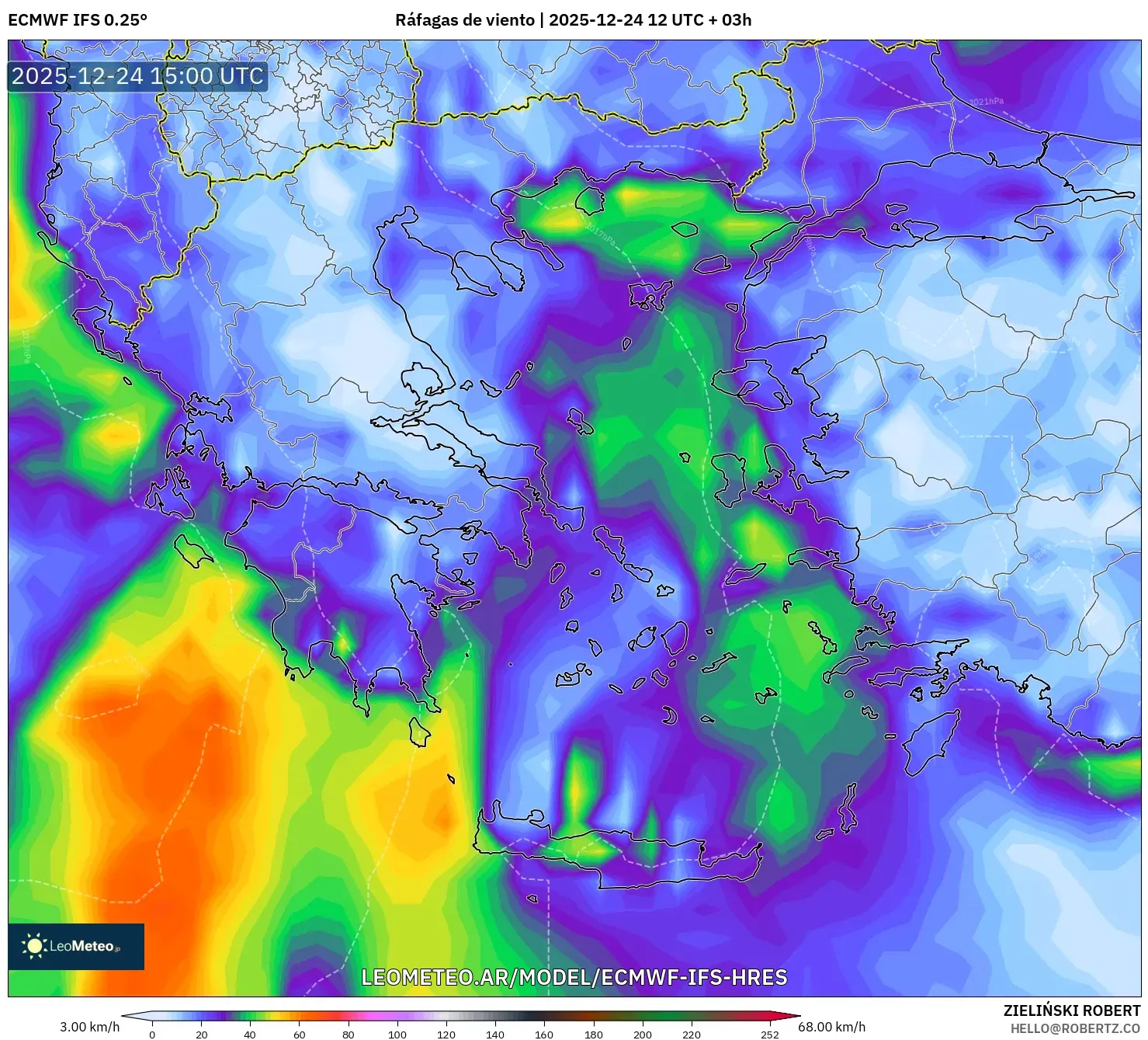 ECMWF IFS 0.25° model - Grecja, Porywy wiatru