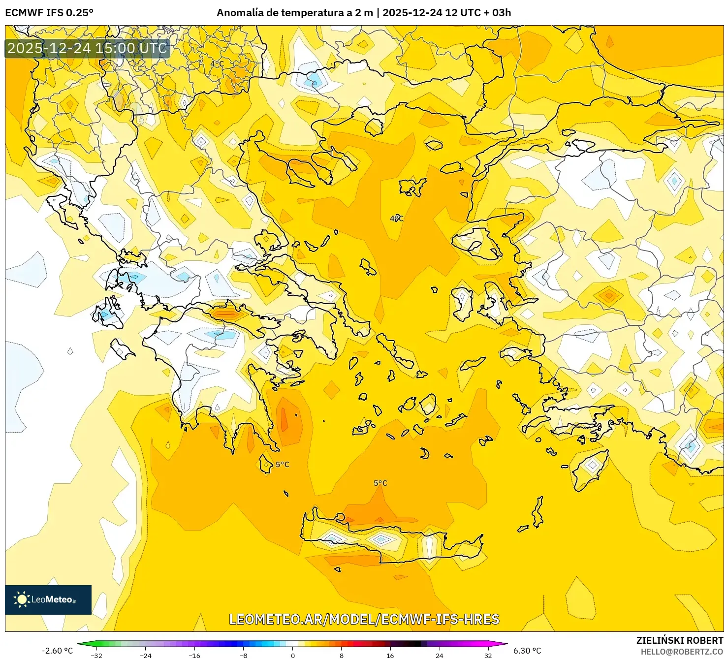 ECMWF IFS 0.25° model - Grecja, Anomalia temperatury na 2 m